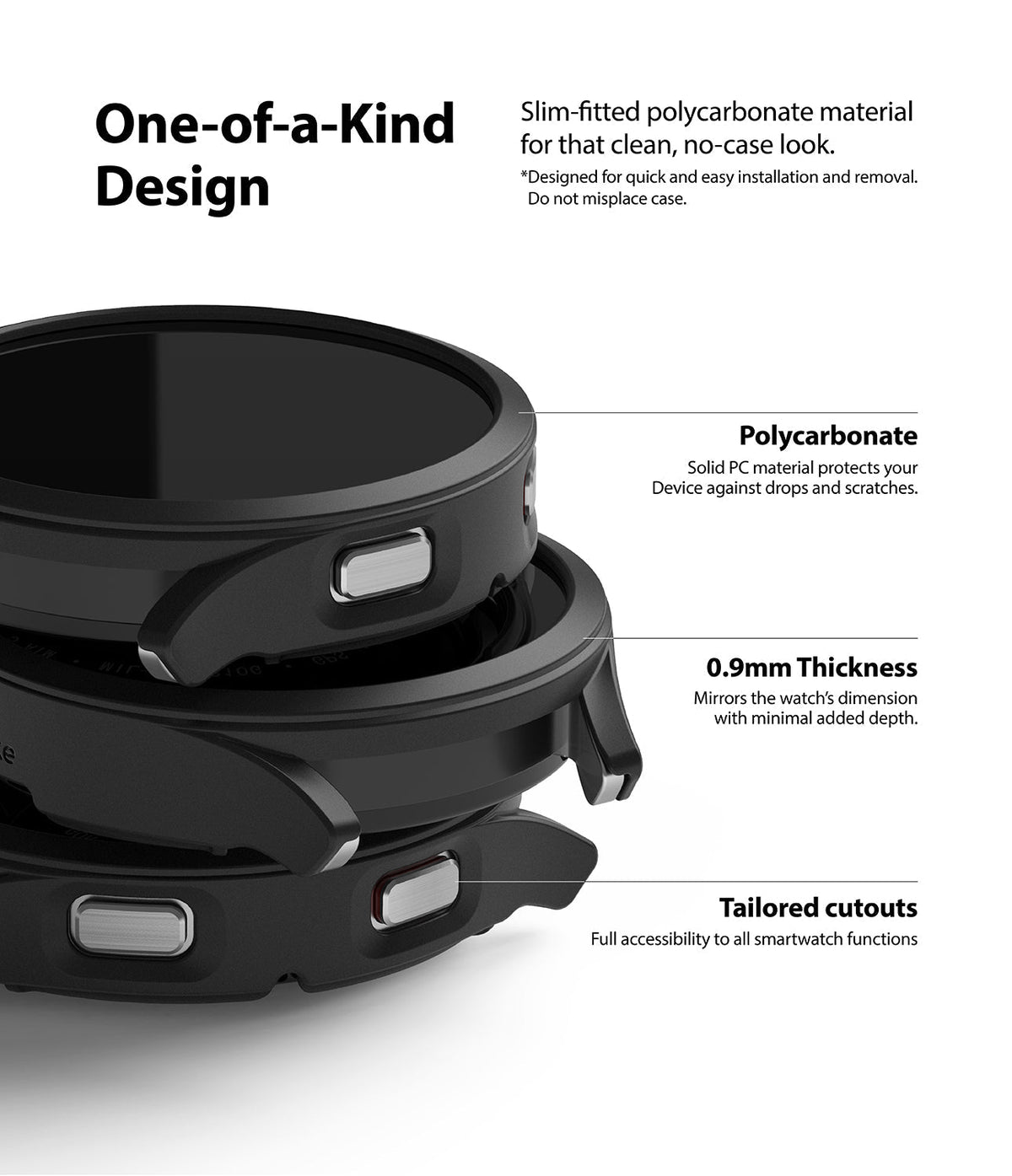 Galaxy Watch 4 40mm Case | Slim - Close-up of a black slim-fit watch case highlighting material, thickness, and button cutouts.