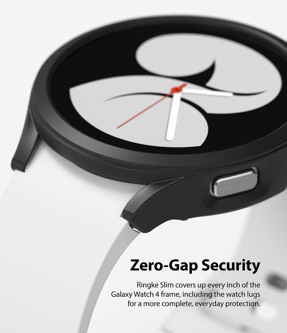 Galaxy Watch 4 40mm Case | Slim - Close-up of a black protective case on a white Galaxy Watch 4 with Zero-Gap Security text.