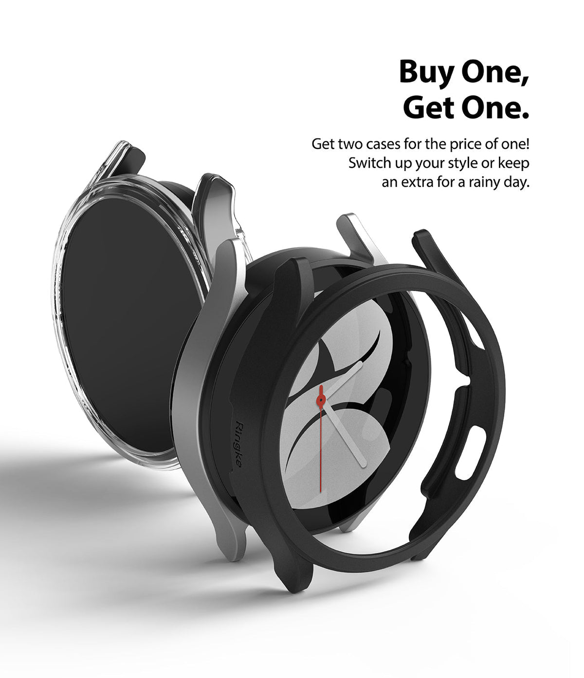 Galaxy Watch 4 40mm Case | Slim - Two Galaxy Watch 4 cases, one clear and one black, floating around a silver watch face.