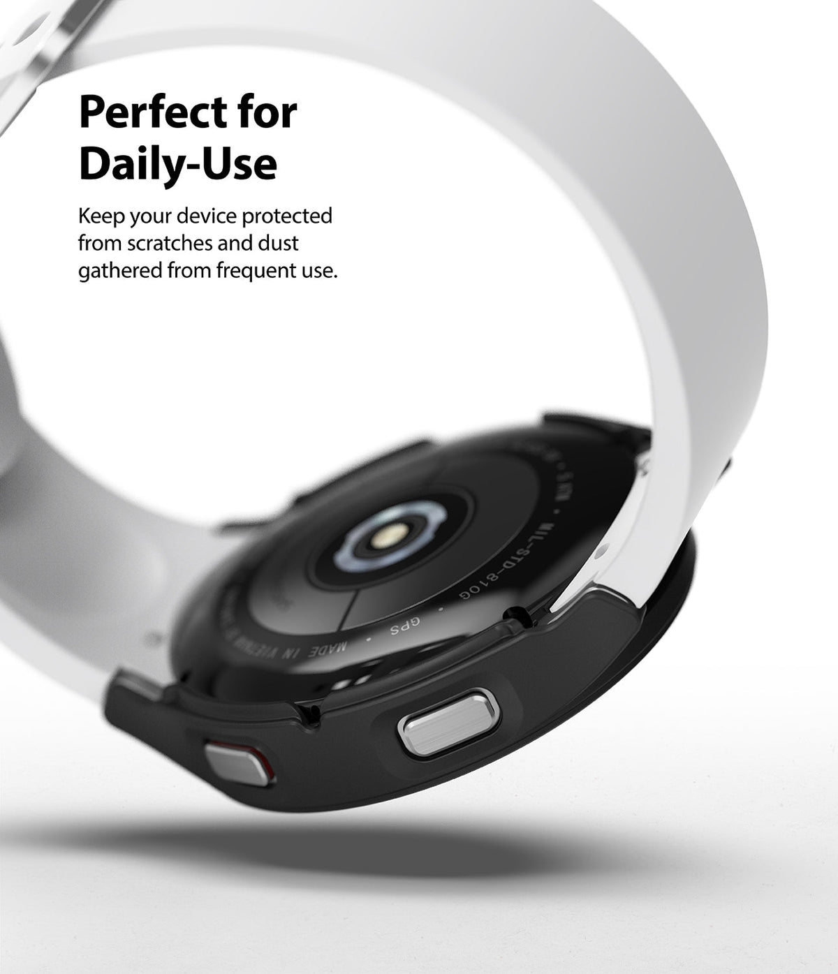 Galaxy Watch 4 40mm Case | Slim - Black protective case on a Galaxy Watch 4 with a white band, showing buttons and sensors.