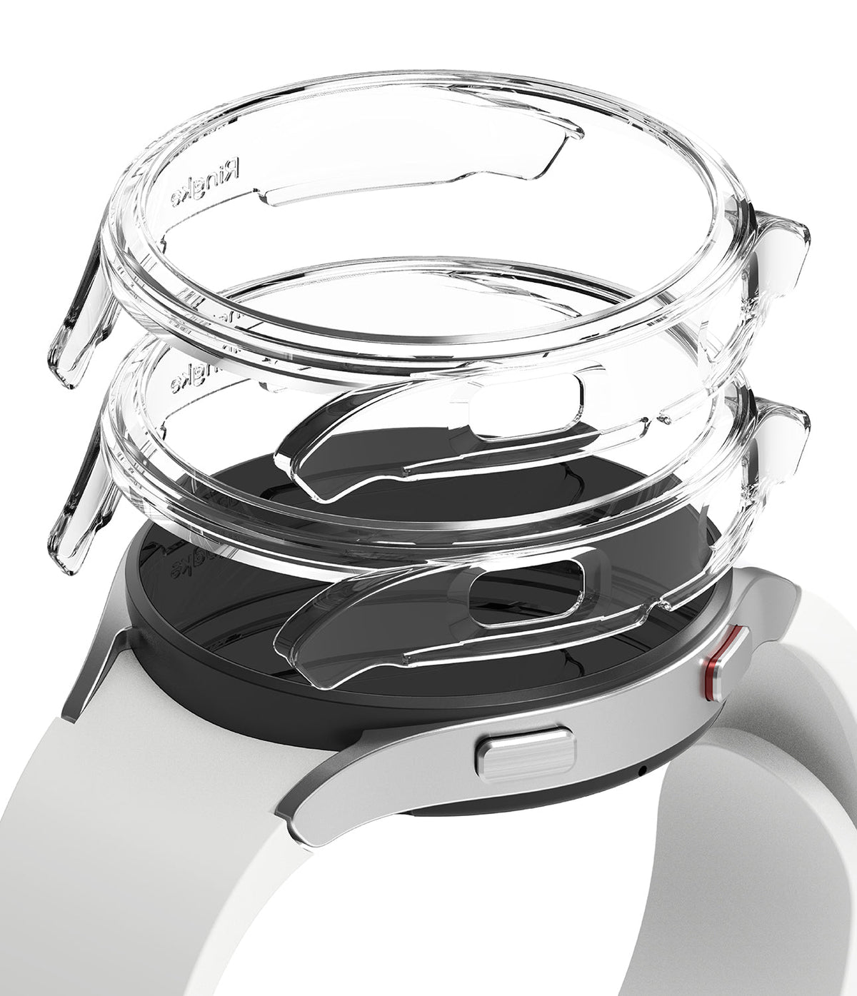 Galaxy Watch 4 40mm Case | Slim - Two clear, slim protective cases stacked above a white Galaxy Watch 4.