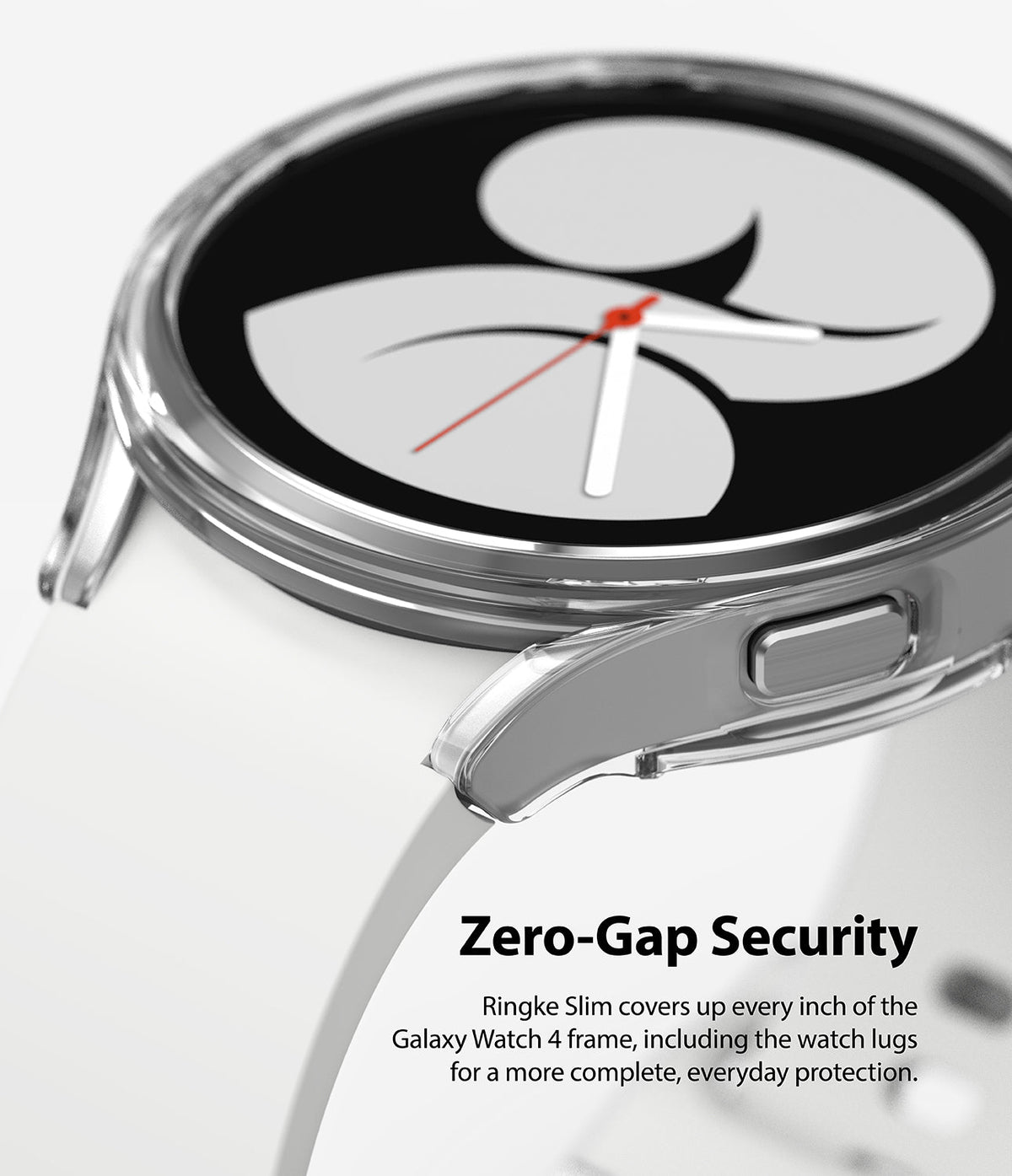 Galaxy Watch 4 40mm Case | Slim - Clear protective case covering the frame and lugs of a white Galaxy Watch 4.
