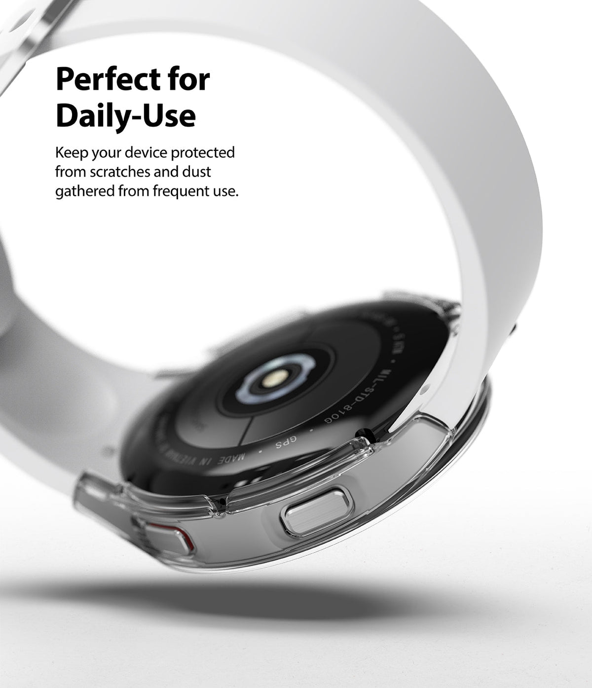 Galaxy Watch 4 40mm Case | Slim - Clear protective case on a Galaxy Watch 4 with a white band against a white background.