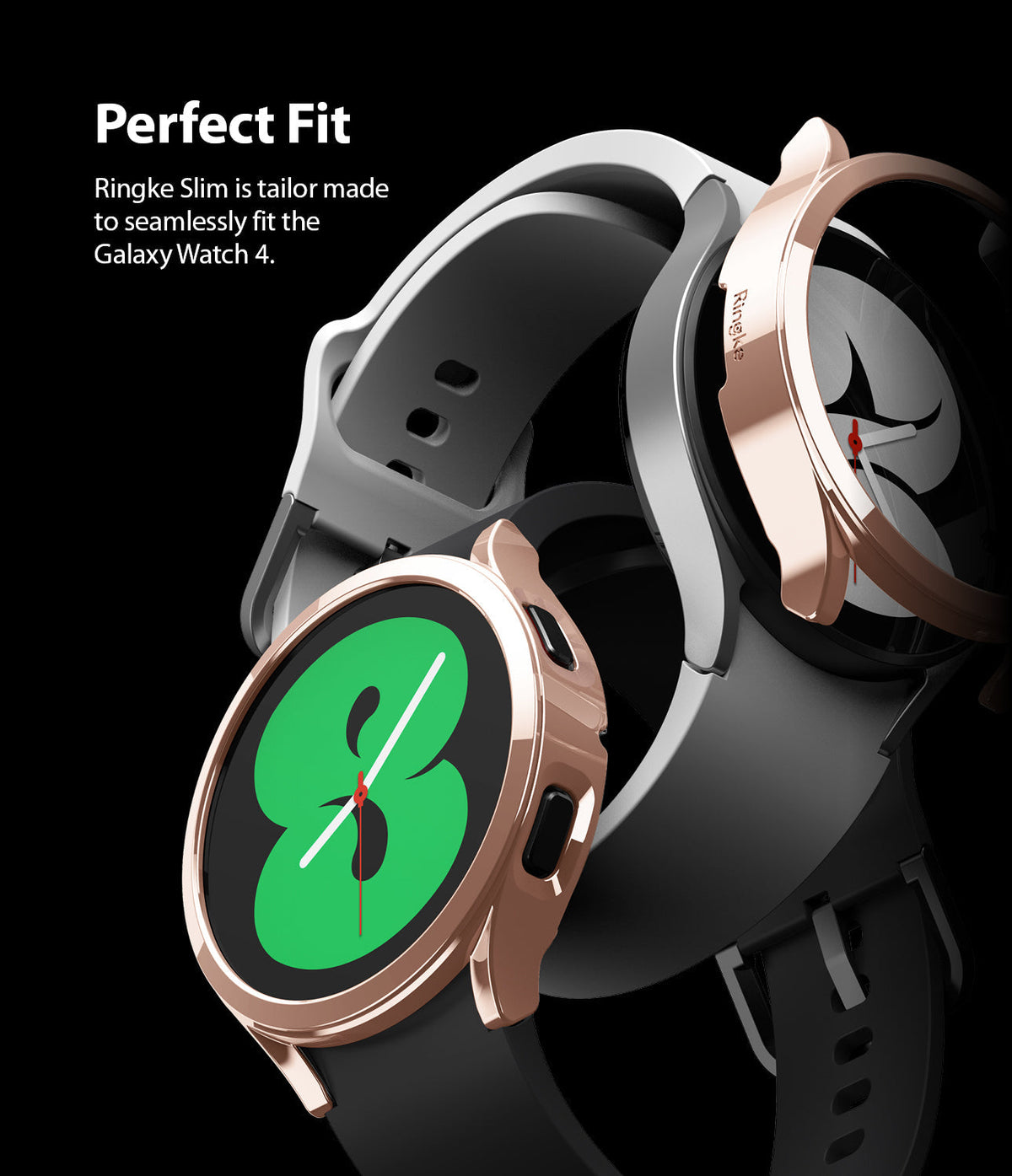 Galaxy Watch 4 40mm Case | Slim - Two Galaxy Watches with rose gold slim cases against a black background.