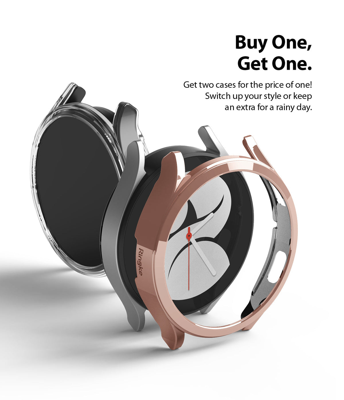 Galaxy Watch 4 40mm Case | Slim - Two slim protective cases in clear and rose gold floating around a Galaxy Watch 4.