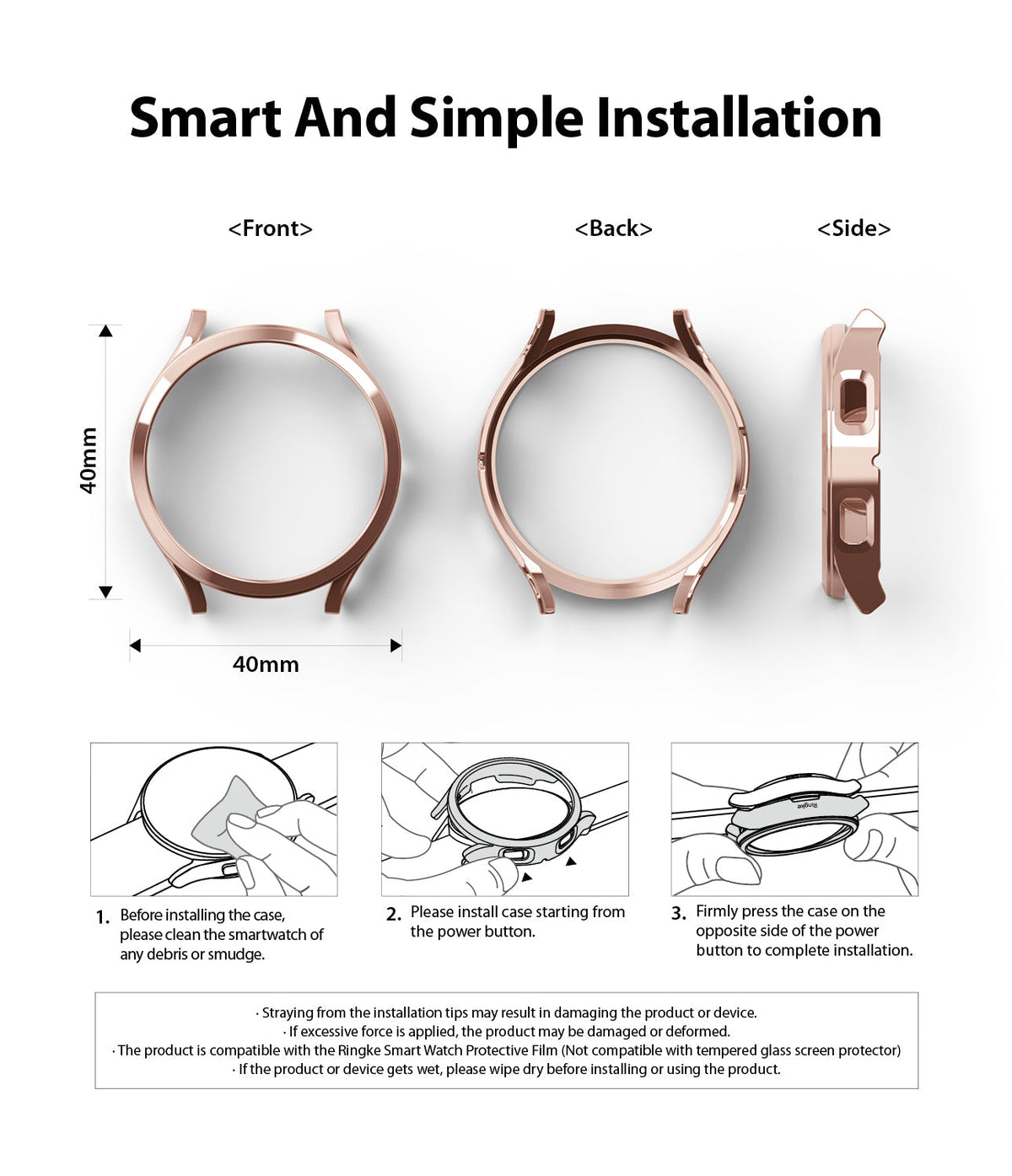 Galaxy Watch 4 40mm Case | Slim - Rose gold watch case shown from front, back, and side with three-step installation guide.