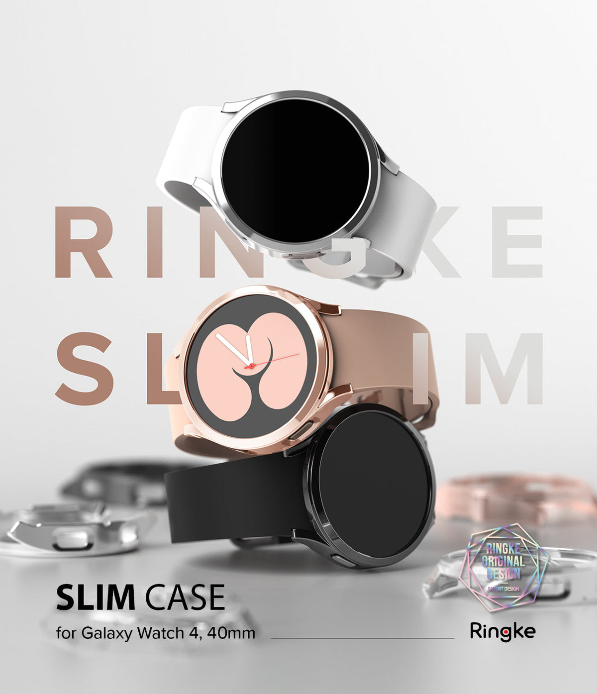 Galaxy Watch 4 40mm Case | Slim - Three Galaxy Watch 4 units in silver, rose gold, and black stacked vertically.