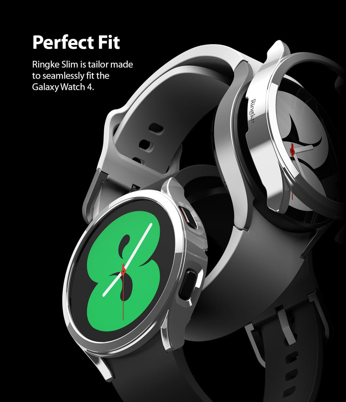 Galaxy Watch 4 40mm Case | Slim - Silver protective case hovering over and fitted onto a black Galaxy Watch 4.