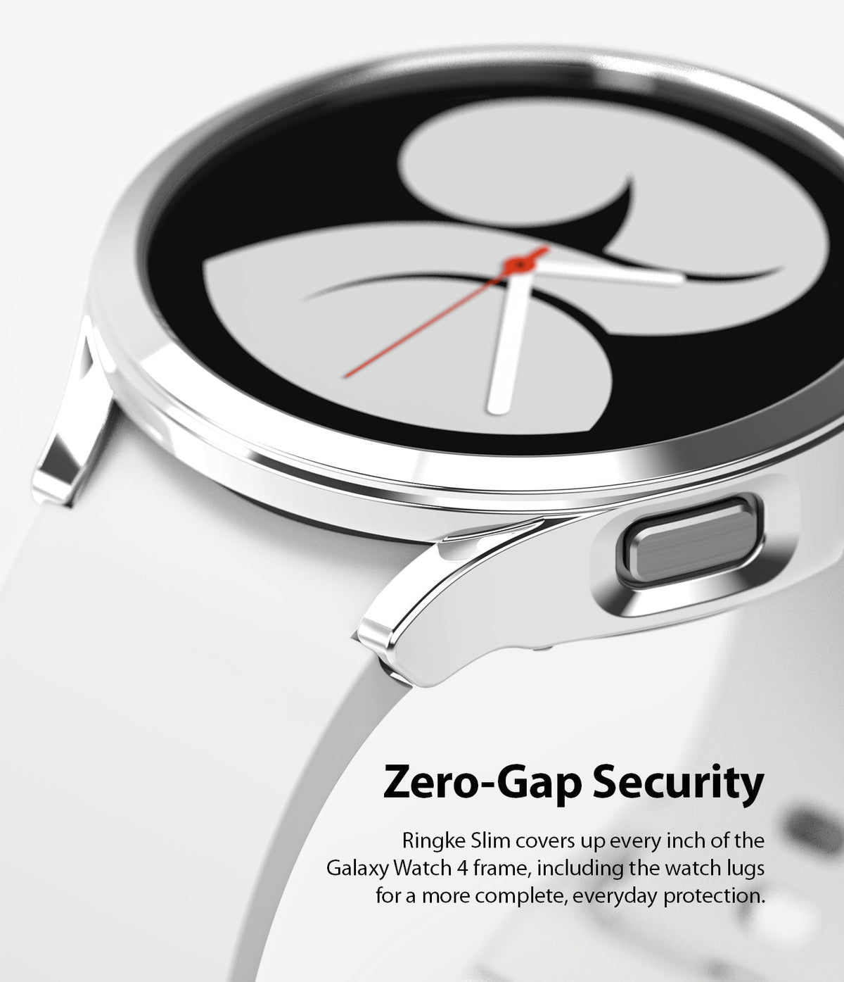 Galaxy Watch 4 40mm Case | Slim - Close-up of a silver protective case on a white Galaxy Watch 4 with zero-gap coverage.