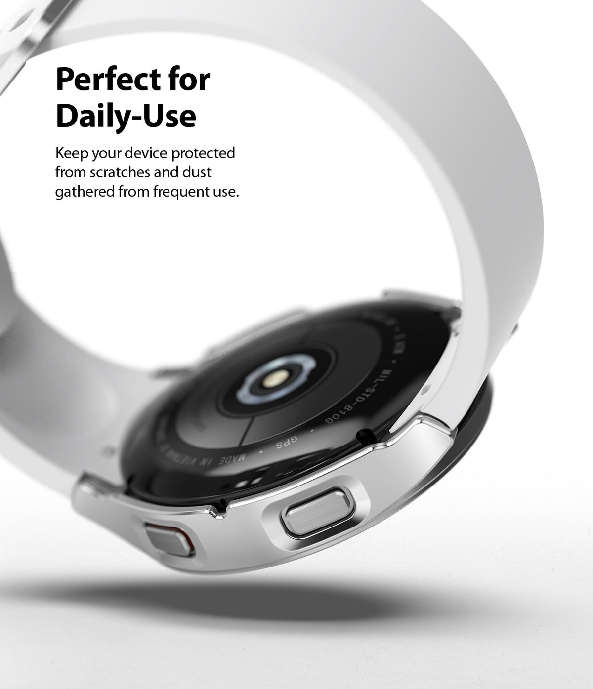 Galaxy Watch 4 40mm Case | Slim - Silver protective case on a Galaxy Watch 4 with a white band, showing the back sensor.
