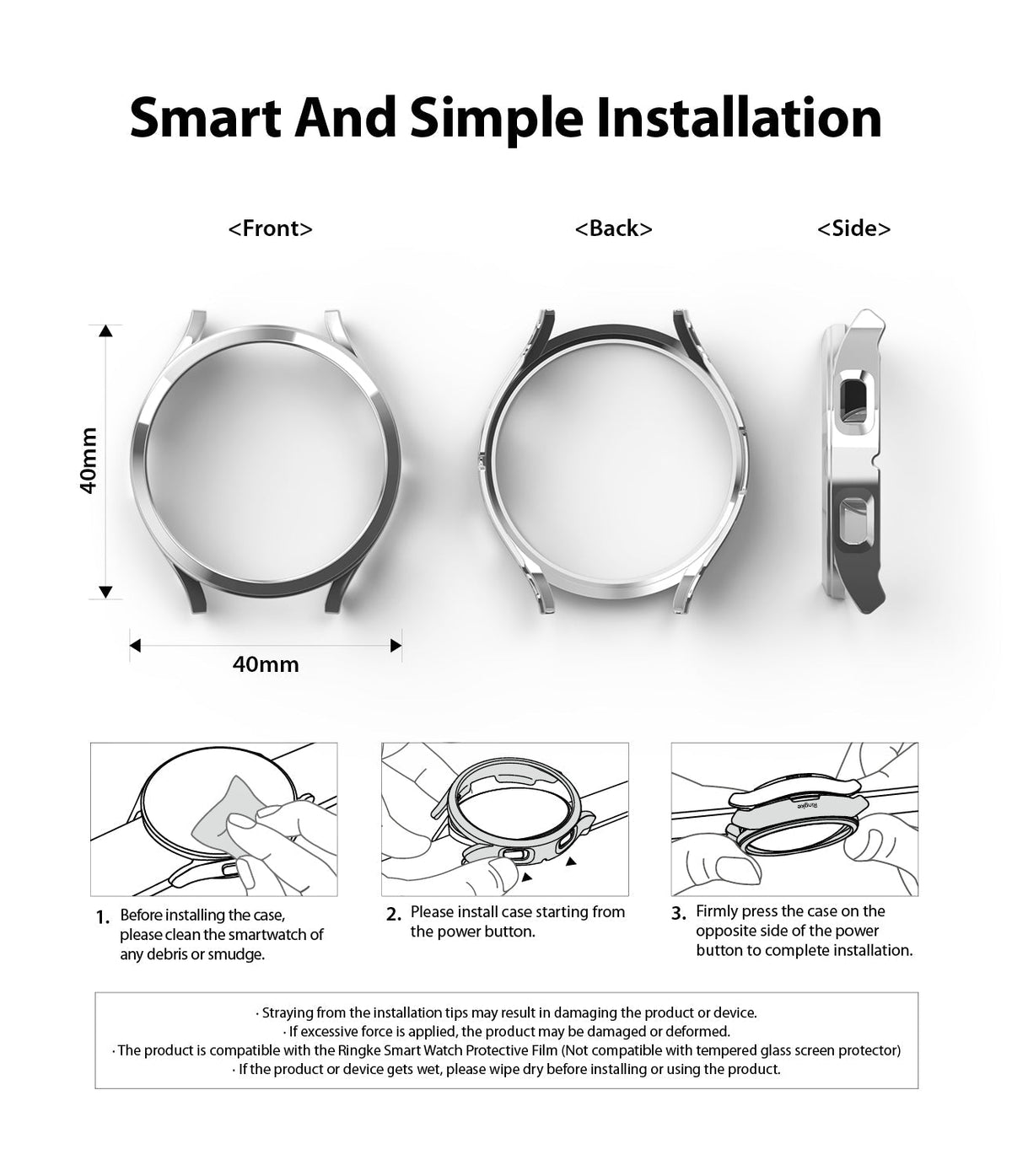 Galaxy Watch 4 40mm Case | Slim - Front, back, and side views of a 40mm watch case with three-step installation instructions.