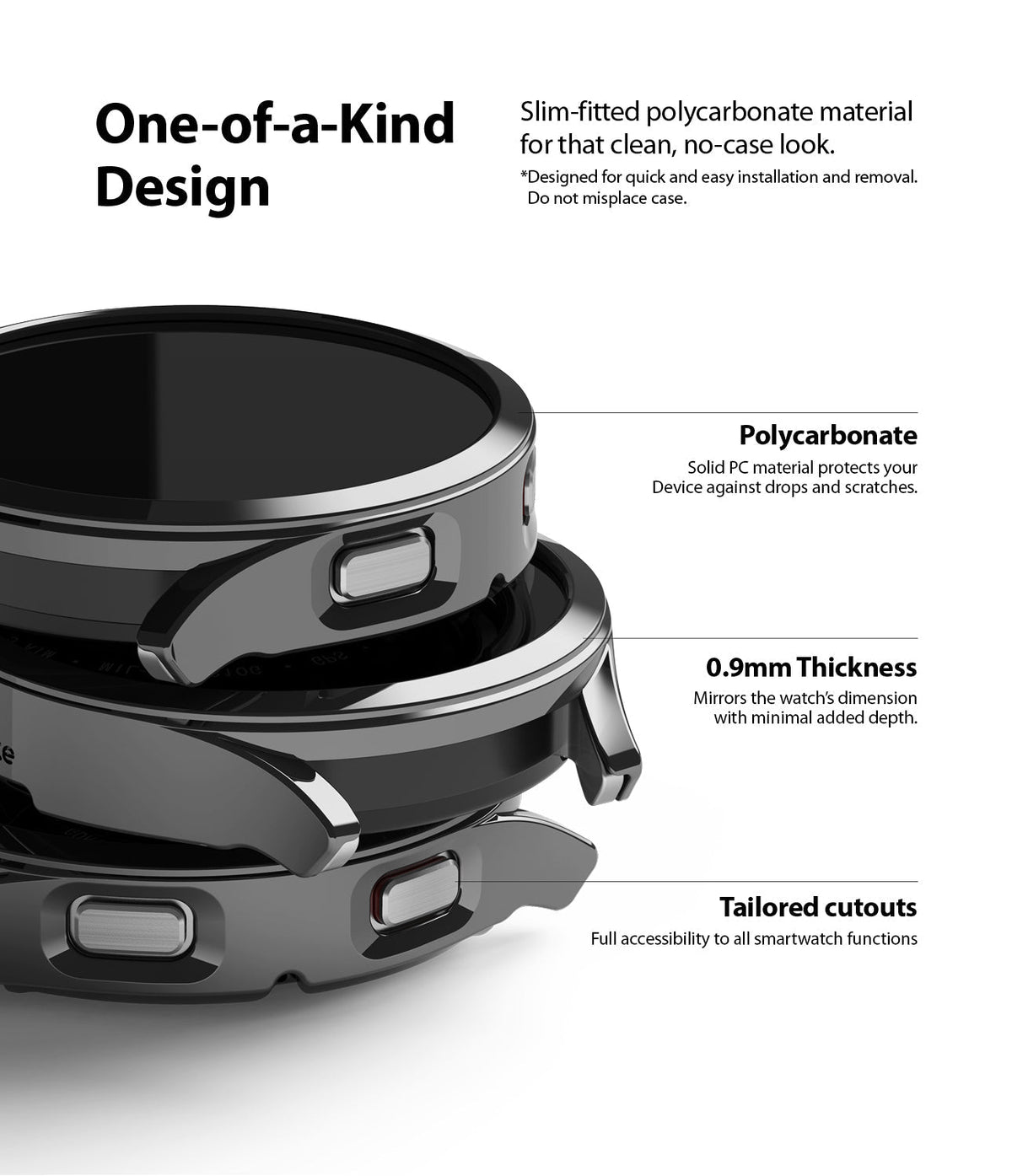 Galaxy Watch 4 40mm Case | Slim - Stacked black protective watch cases highlighting slim design, cutouts, and material.