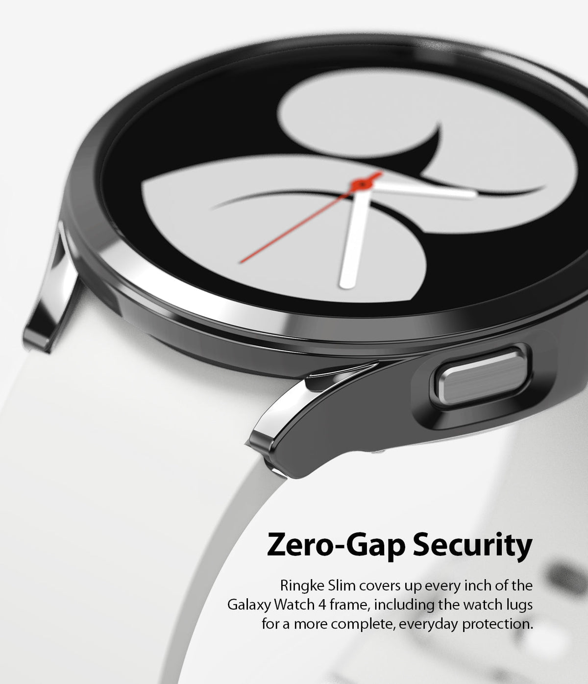 Galaxy Watch 4 40mm Case | Slim - Close-up of a black slim protective case on a white Galaxy Watch 4 with zero-gap lug coverage.