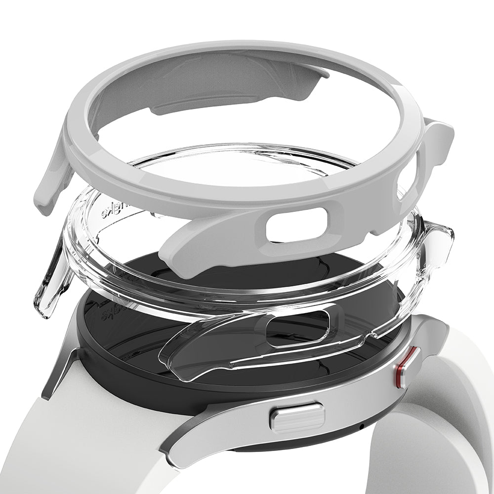 Galaxy Watch 4 40mm Case | Slim - Exploded view of a white smartwatch with a clear protective case and a white frame.