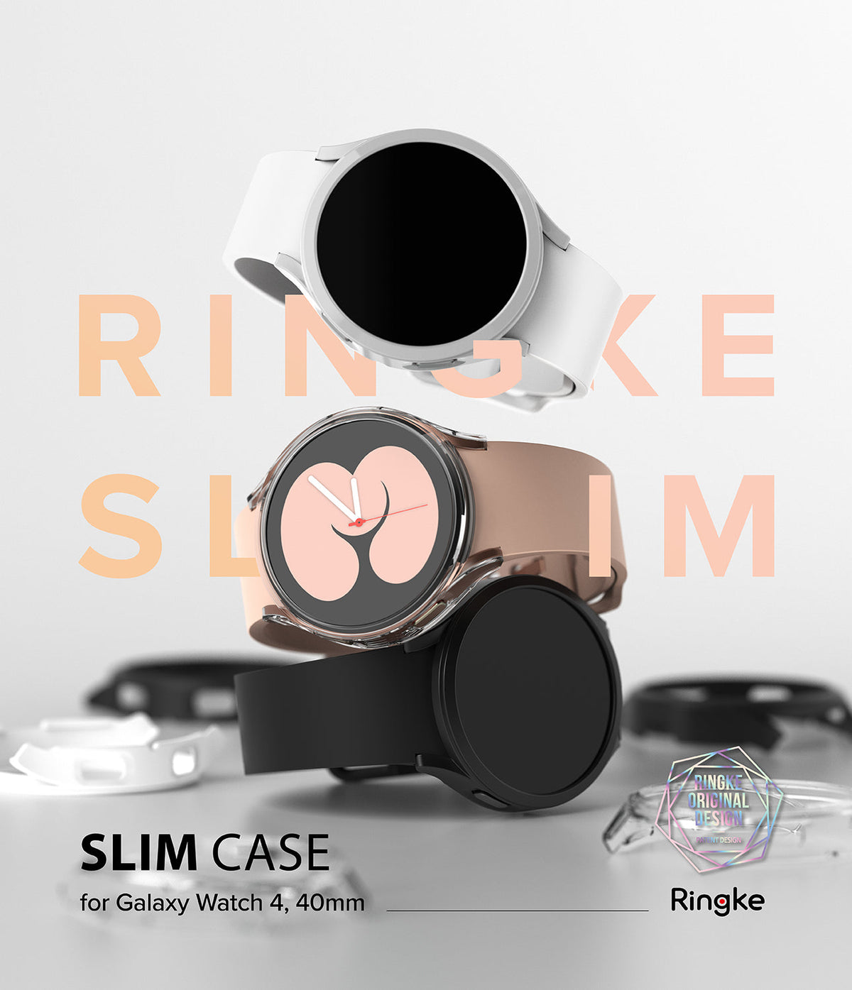Galaxy Watch 4 40mm Case | Slim - Three Galaxy Watch 4 units in white, rose gold, and black stacked vertically.