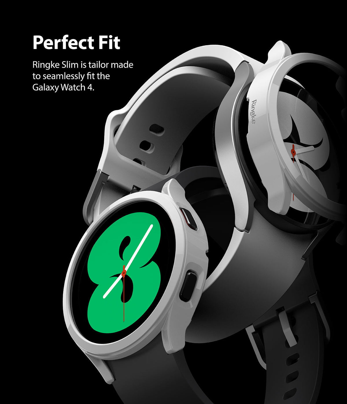 Galaxy Watch 4 40mm Case | Slim - White protective case being placed onto a Galaxy Watch 4 against a black background.