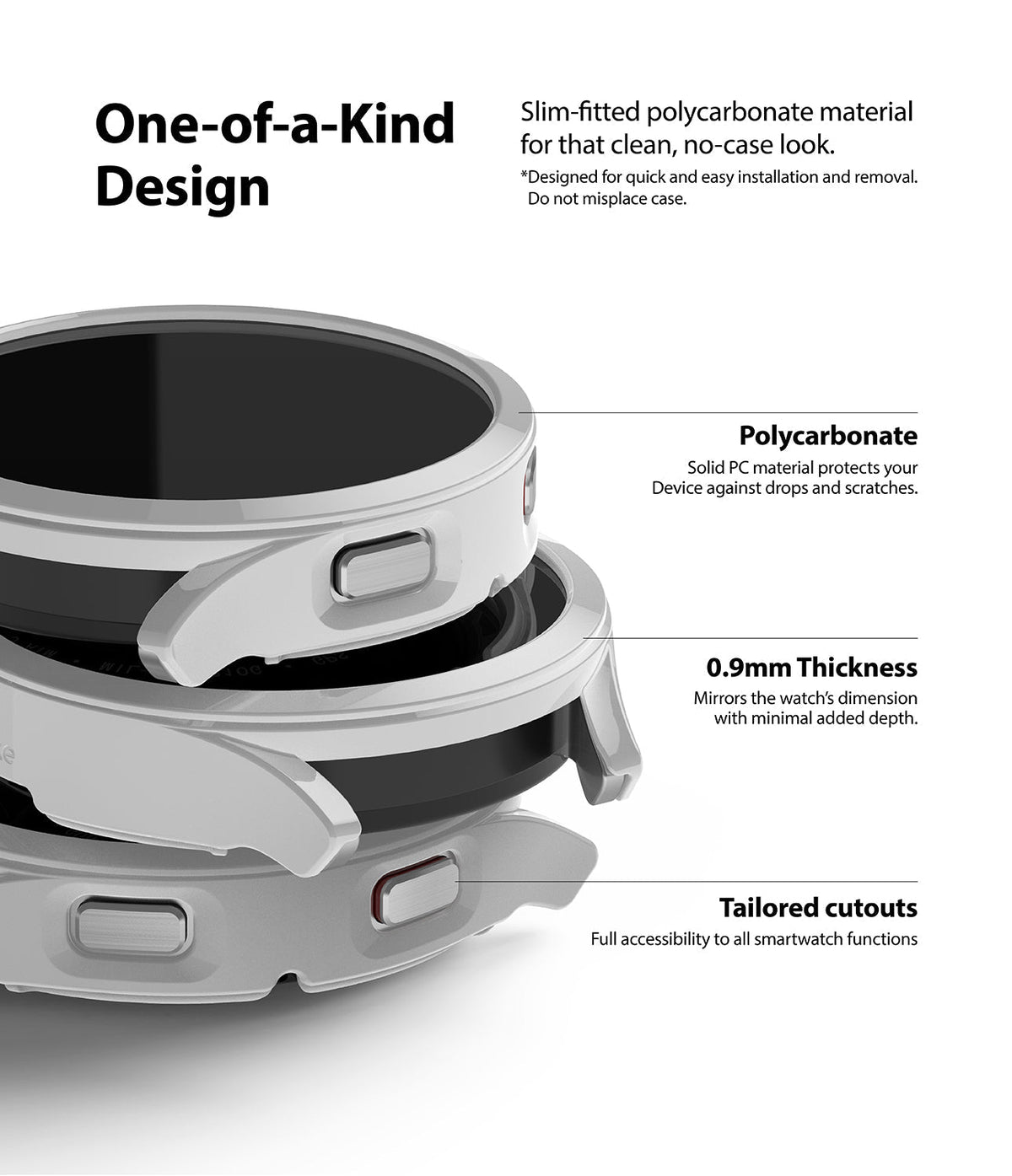 Galaxy Watch 4 40mm Case | Slim - Exploded view of a slim, silver polycarbonate watch case with labeled features.