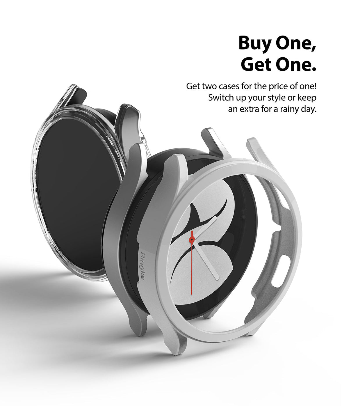 Galaxy Watch 4 40mm Case | Slim - Two protective watch cases, one clear and one silver, displayed with promotional text.