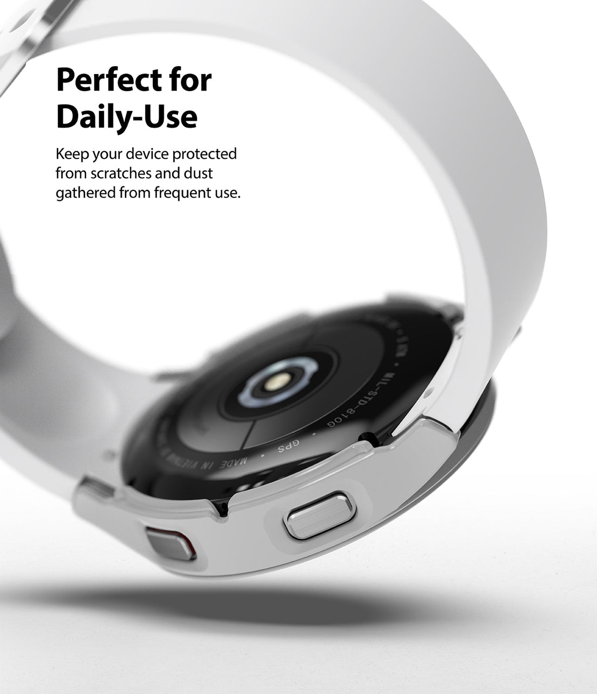 Galaxy Watch 4 40mm Case | Slim - White protective case on a Galaxy Watch 4, showing the back sensor and side buttons.
