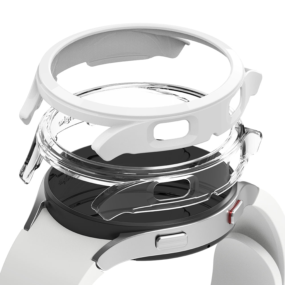 Galaxy Watch 4 40mm Case | Slim - Exploded view of a white watch case, clear protective cover, and a black smartwatch.