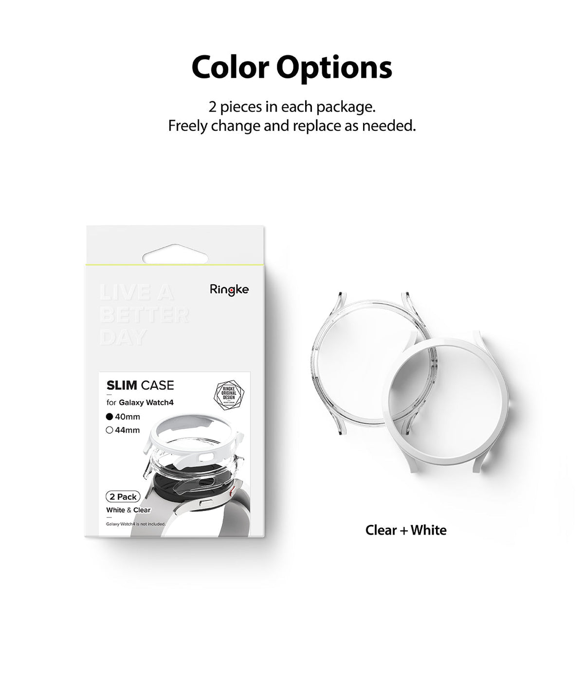 Galaxy Watch 4 40mm Case | Slim - Product packaging next to one clear and one white slim watch case for Galaxy Watch 4.