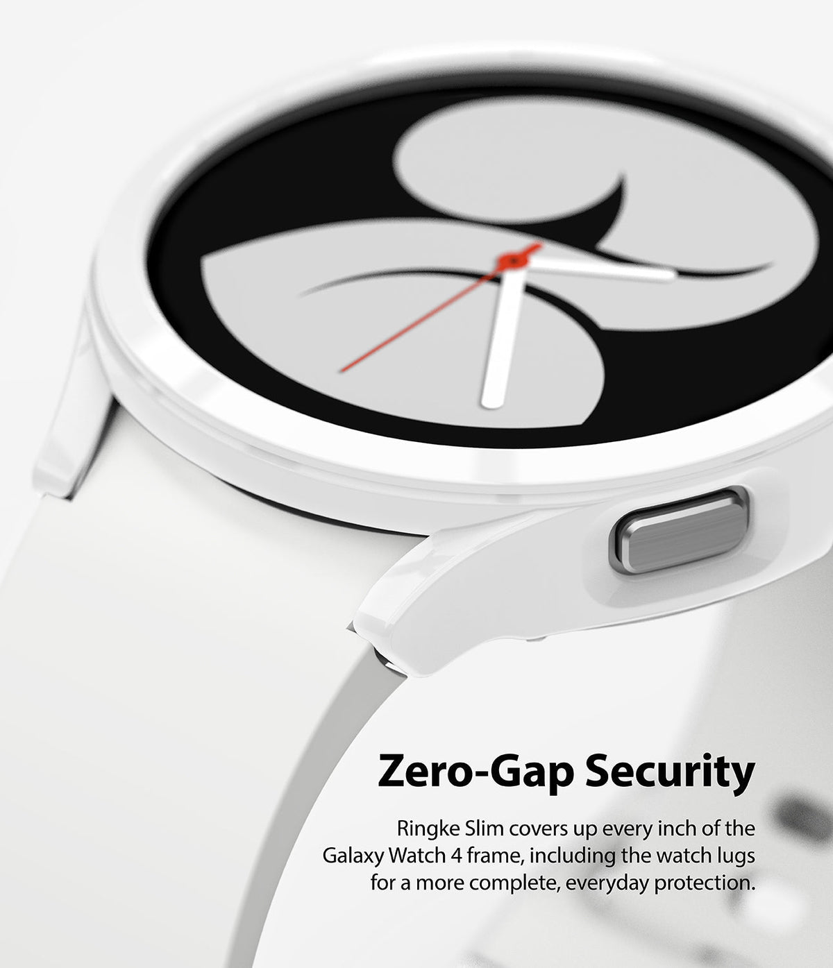 Galaxy Watch 4 40mm Case | Slim - Close-up of a white protective case on a Galaxy Watch 4 with zero-gap lug coverage.
