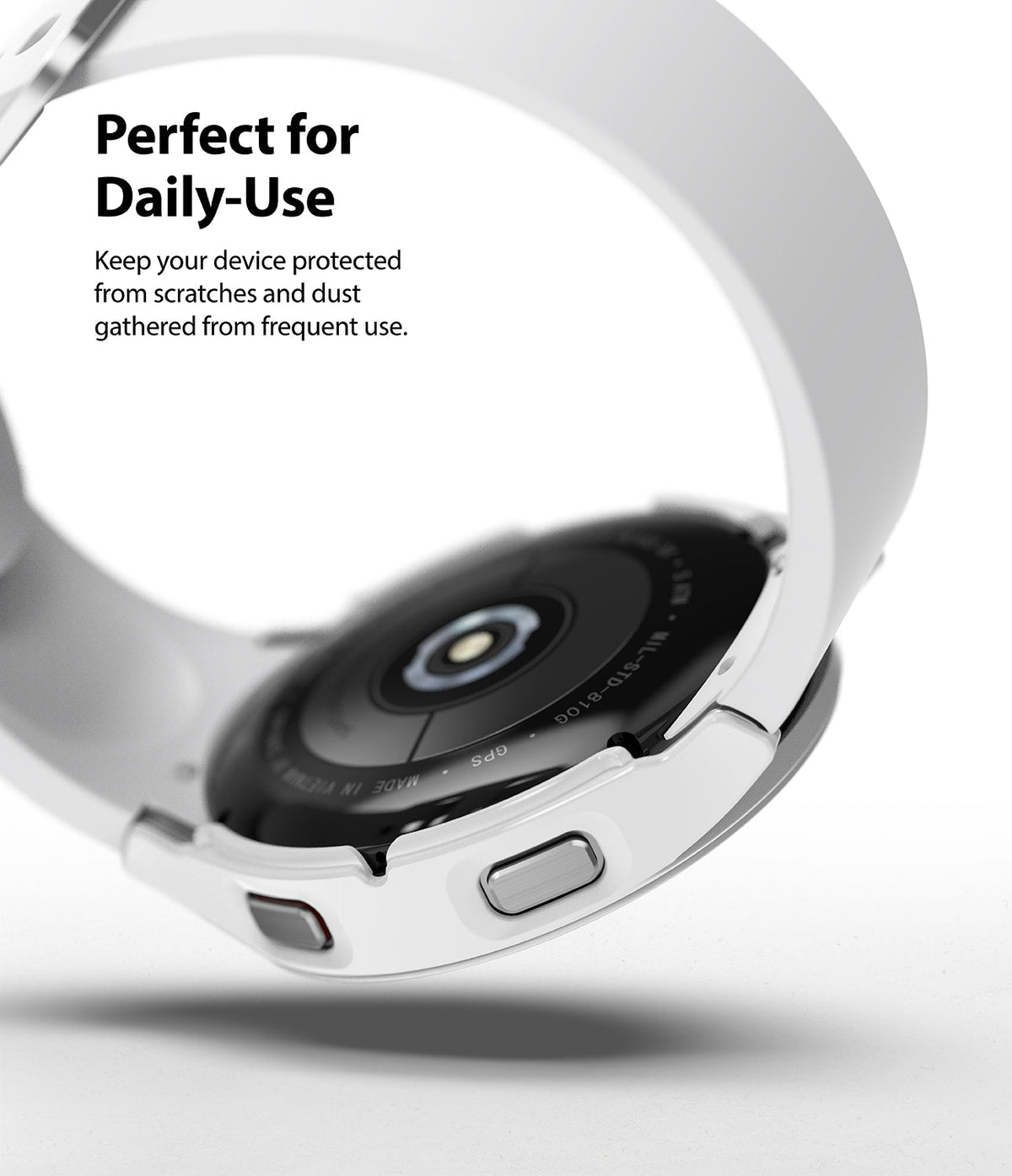 Galaxy Watch 4 40mm Case | Slim - White protective case on a Galaxy Watch 4, showing the back sensor and side buttons.
