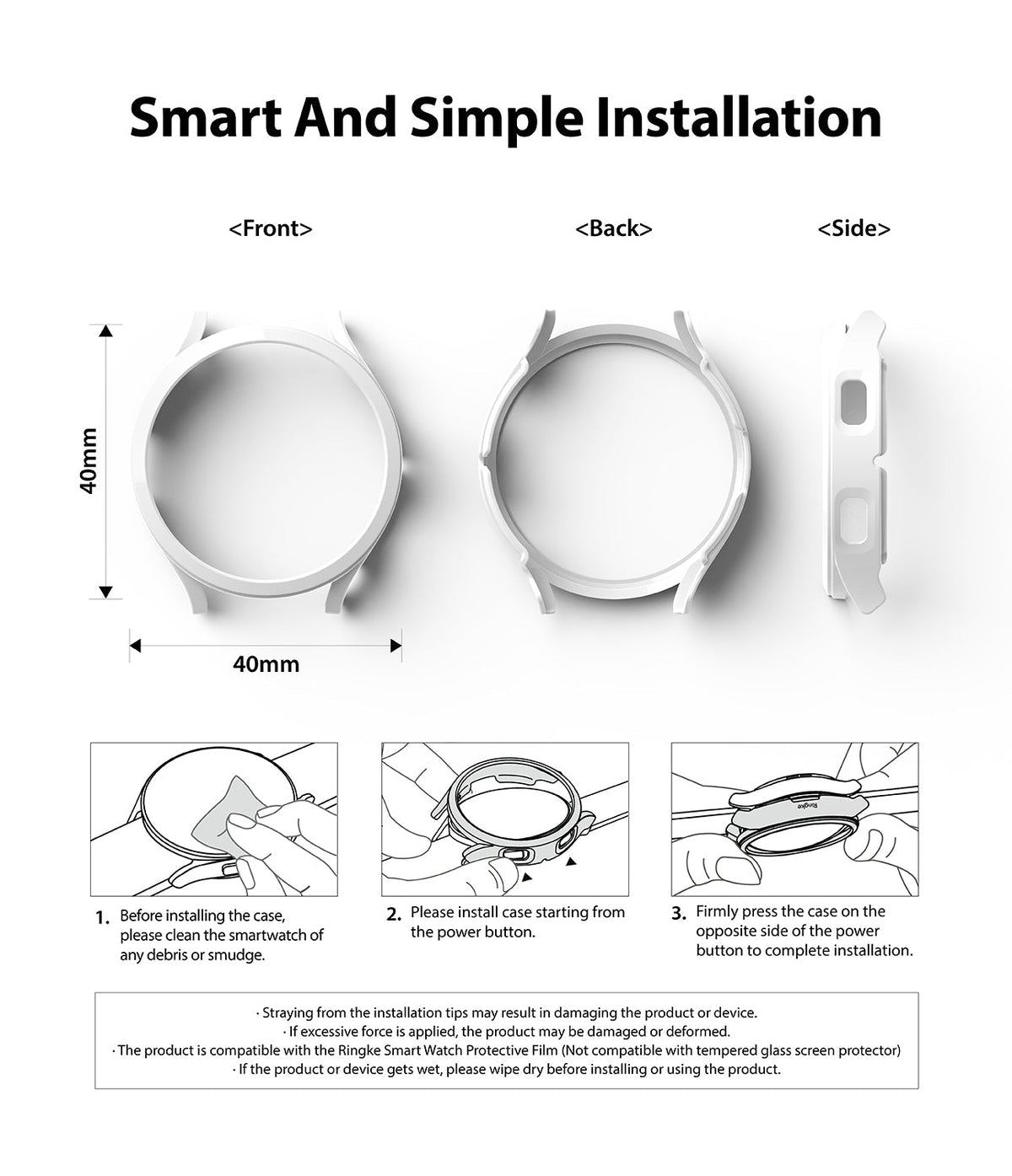 Galaxy Watch 4 40mm Case | Slim - Front, back, and side views of a white watch case with three-step installation diagrams.