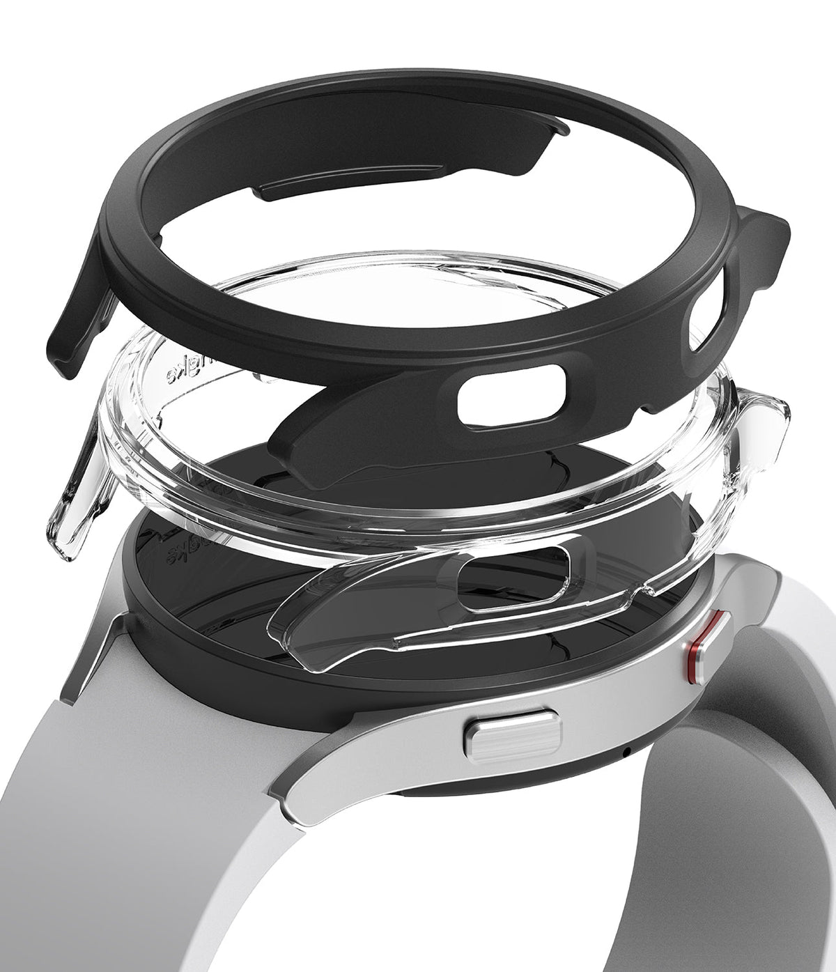 Galaxy Watch 4 (44mm) Case | Slim - Exploded view of a black and clear protective watch case hovering over a smartwatch.