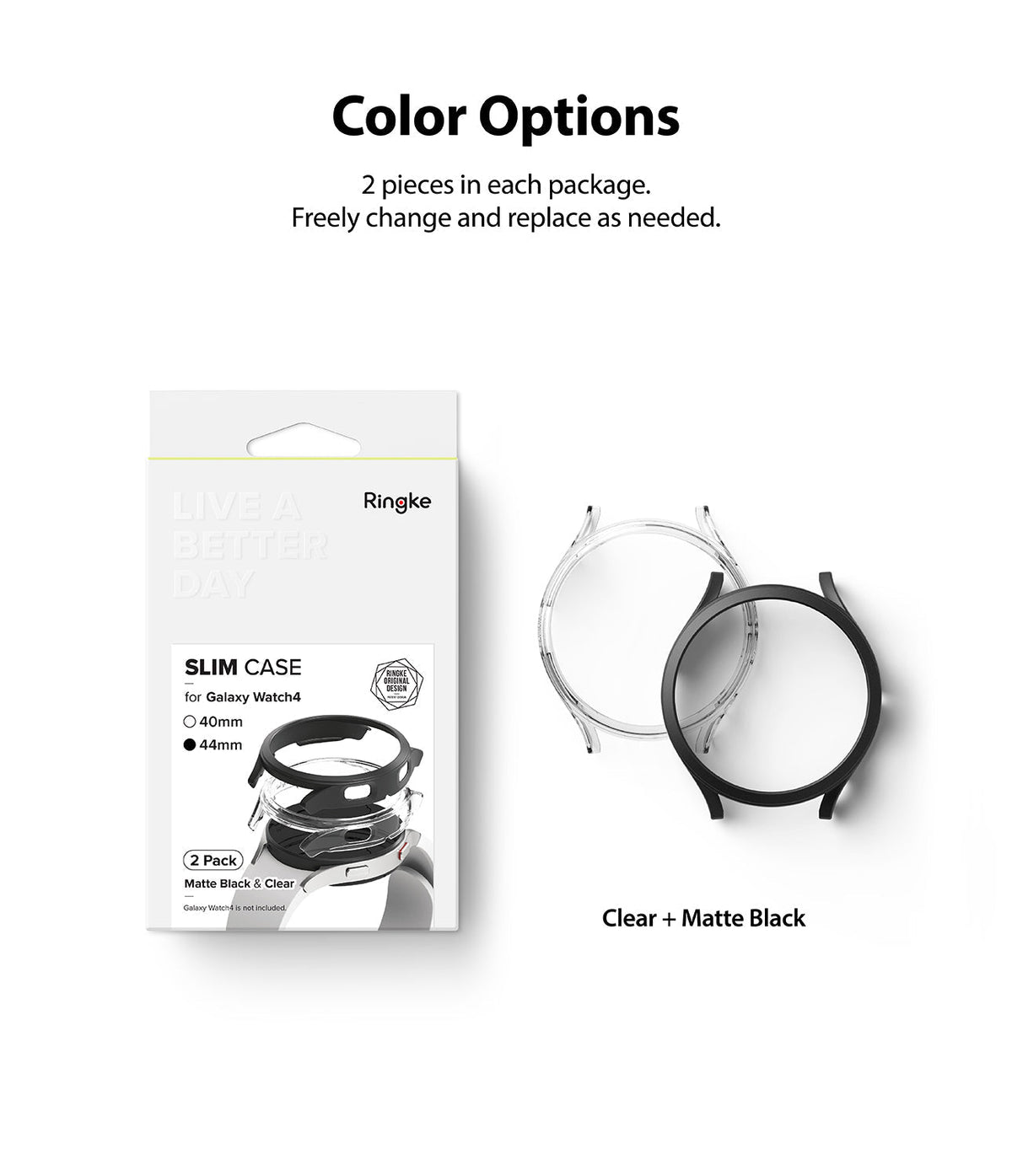 Galaxy Watch 4 (44mm) Case | Slim - Product packaging next to one clear and one matte black slim watch case.