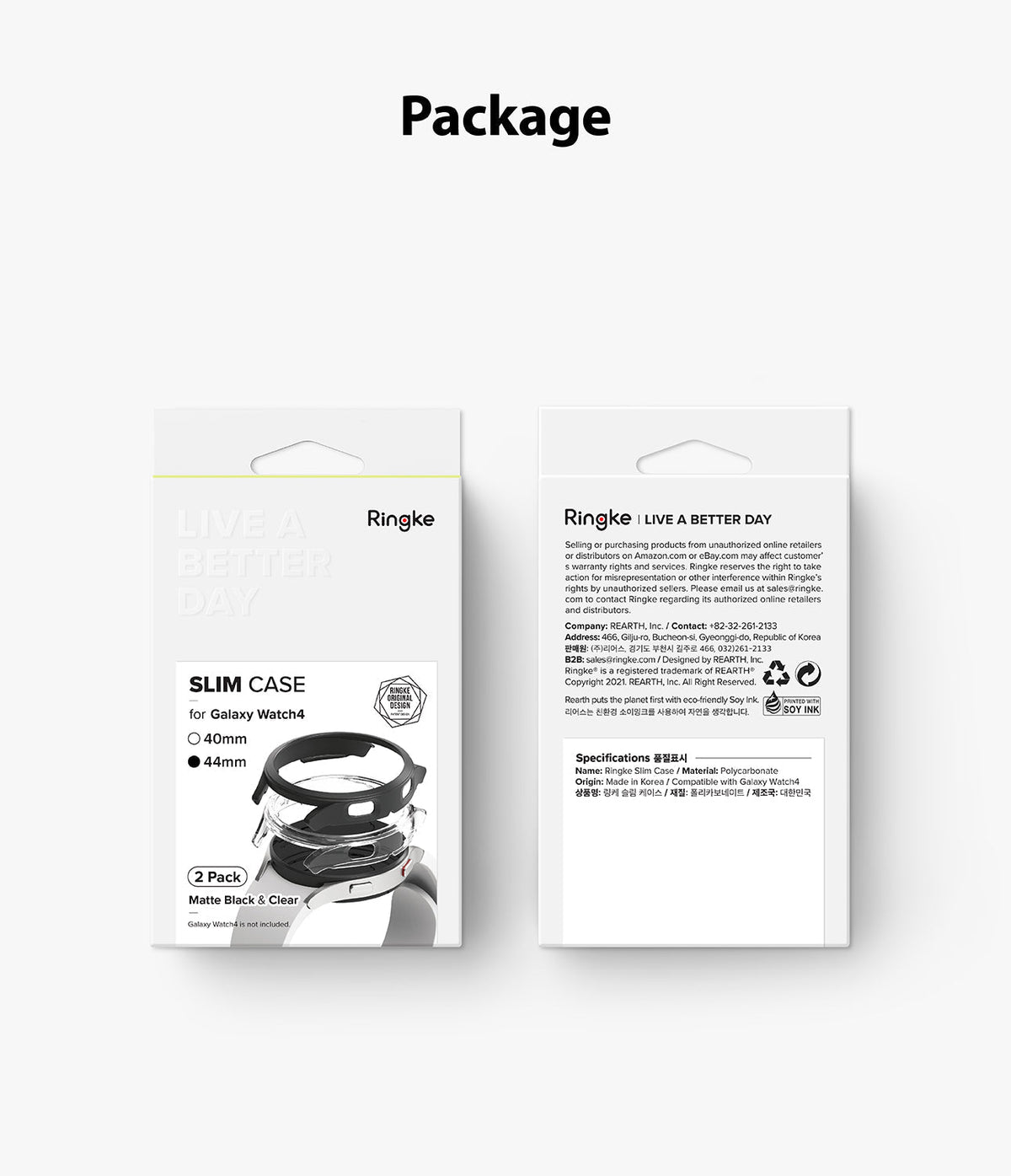 Galaxy Watch 4 (44mm) Case | Slim - Front and back view of Ringke Slim Case packaging for Galaxy Watch 4.