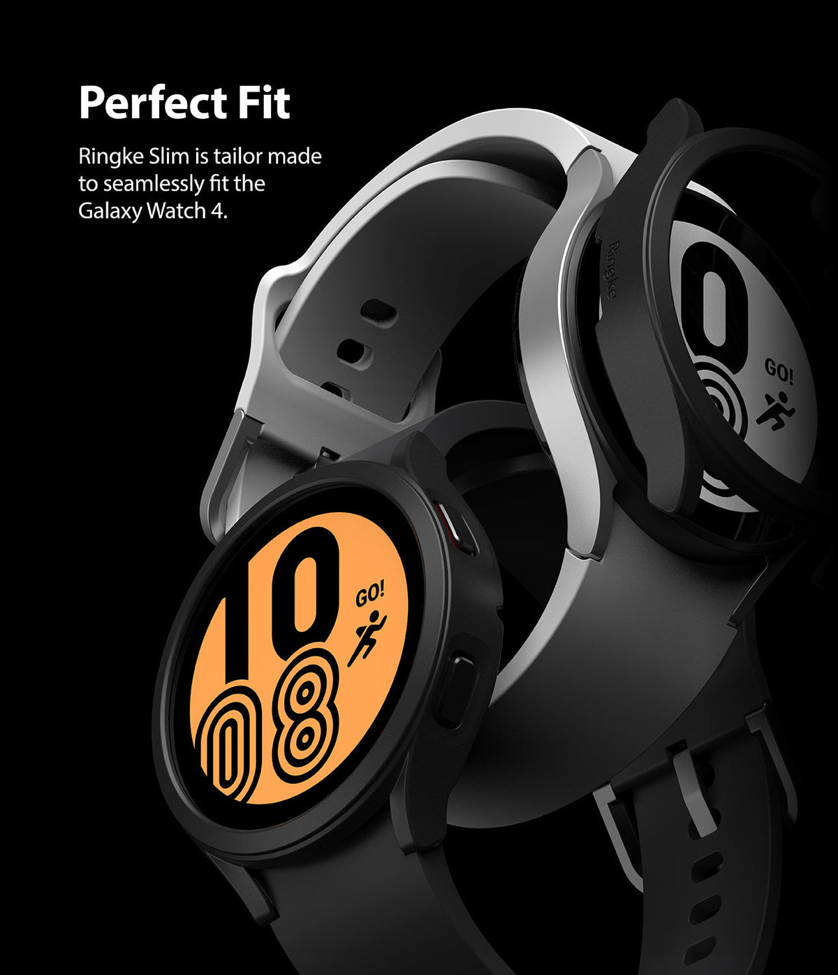 Galaxy Watch 4 (44mm) Case | Slim - Two Galaxy Watch 4 smartwatches with black slim cases against a black background.