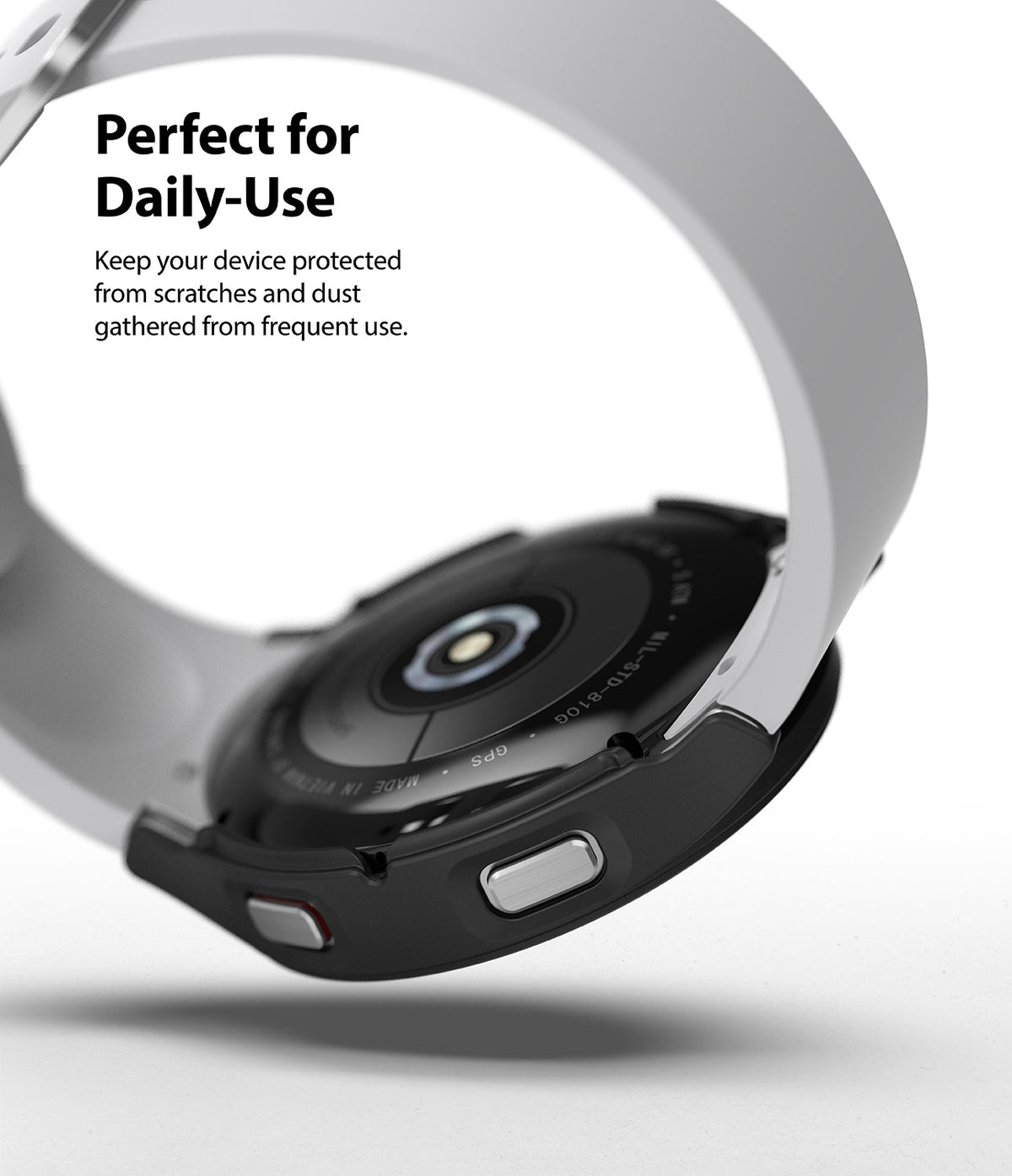 Galaxy Watch 4 (44mm) Case | Slim - Black protective case on a Galaxy Watch 4 with a white band, showing side buttons.