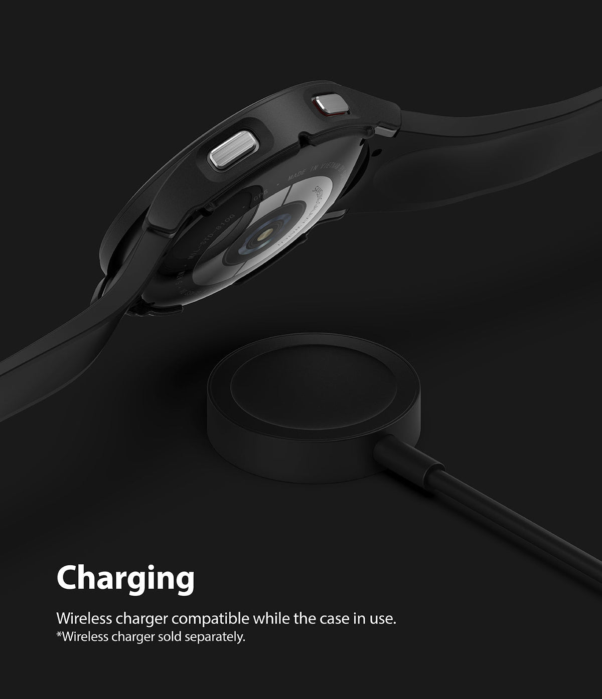 Galaxy Watch 4 (44mm) Case | Slim - Black Galaxy Watch 4 with slim protective case hovering above a wireless charging puck.