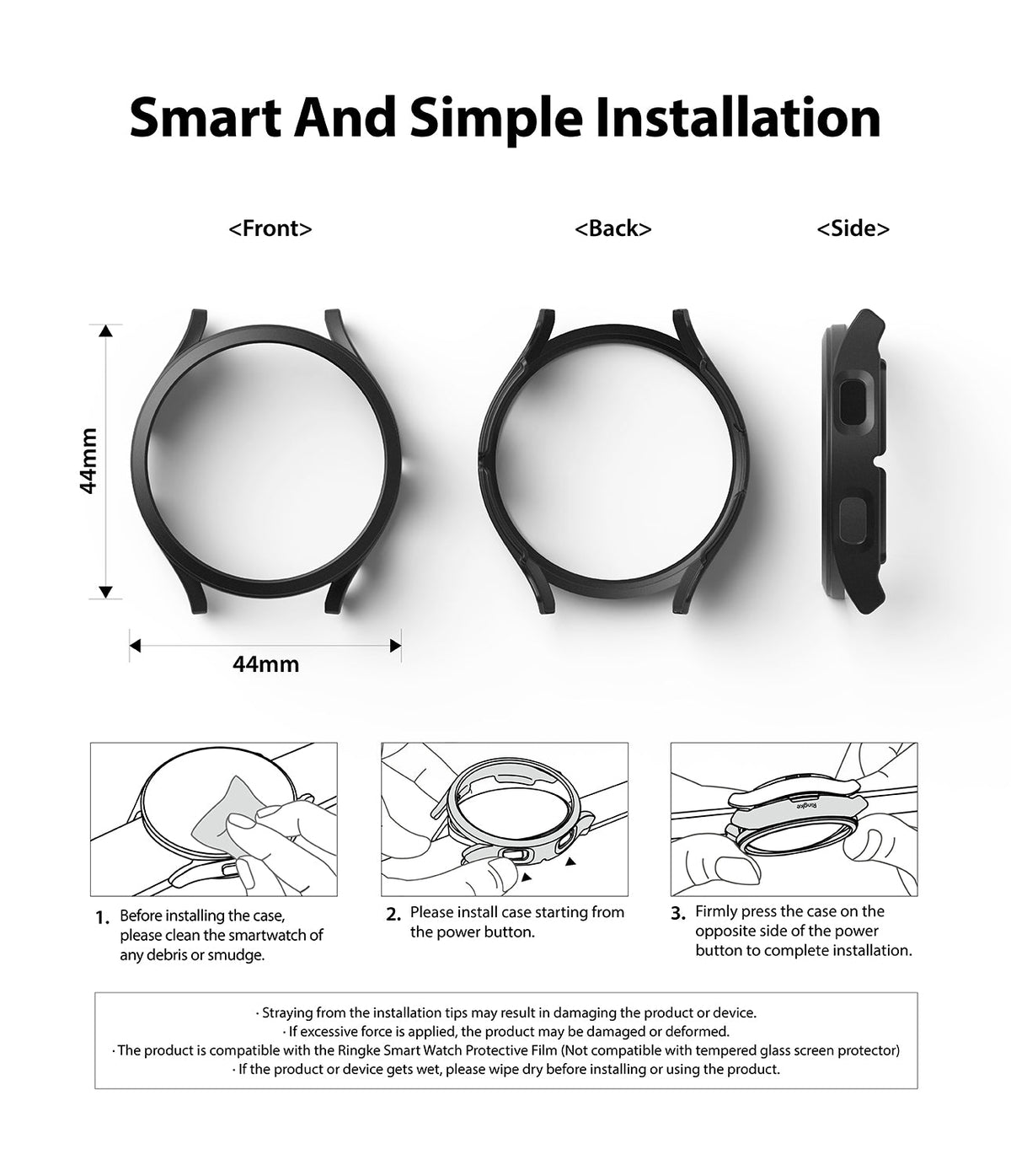 Galaxy Watch 4 (44mm) Case | Slim - Front, back, and side views of a black watch case with three-step installation guide.