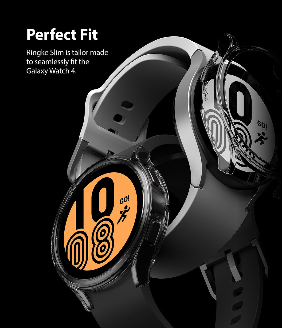 Galaxy Watch 4 (44mm) Case | Slim - Two Galaxy Watch 4 units with clear protective cases against a black background.