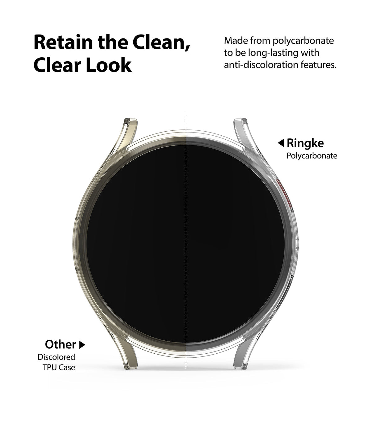 Galaxy Watch 4 (44mm) Case | Slim - Comparison of a clear Ringke polycarbonate watch case versus a yellowed TPU case.