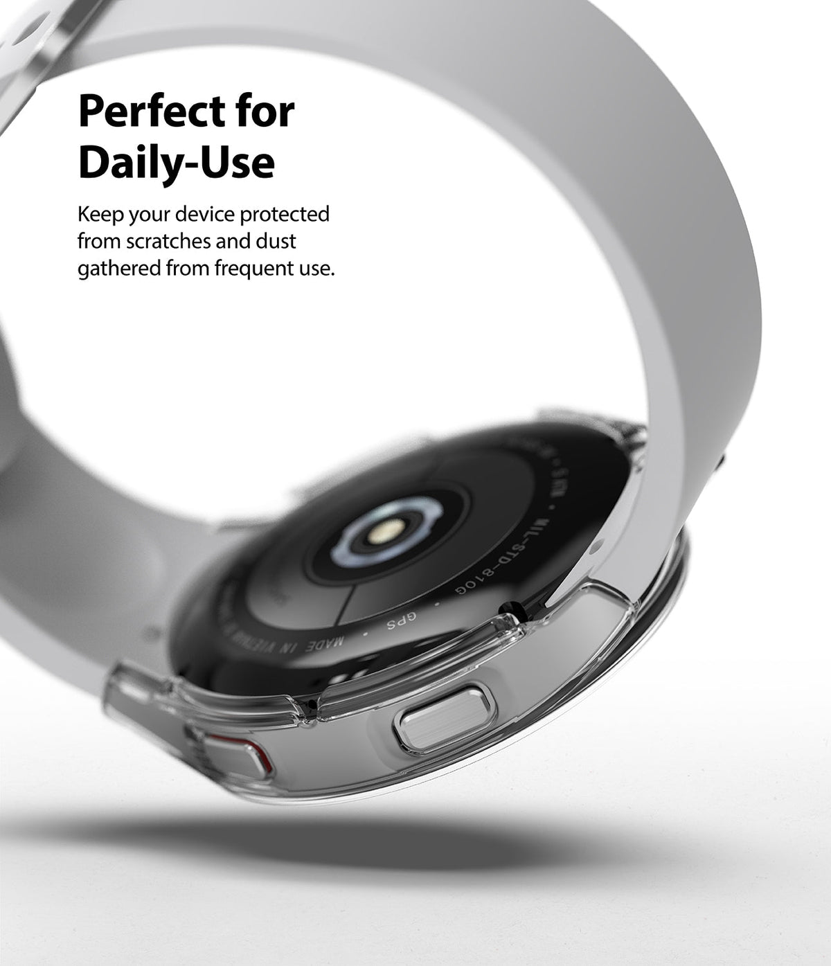 Galaxy Watch 4 (44mm) Case | Slim - Clear protective case on a Galaxy Watch 4 with text about daily-use protection.