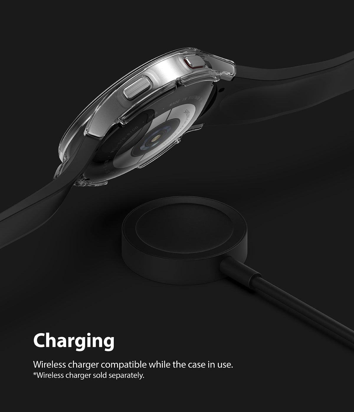Galaxy Watch 4 (44mm) Case | Slim - Clear protective case on a Galaxy Watch 4 hovering above a black wireless charger.