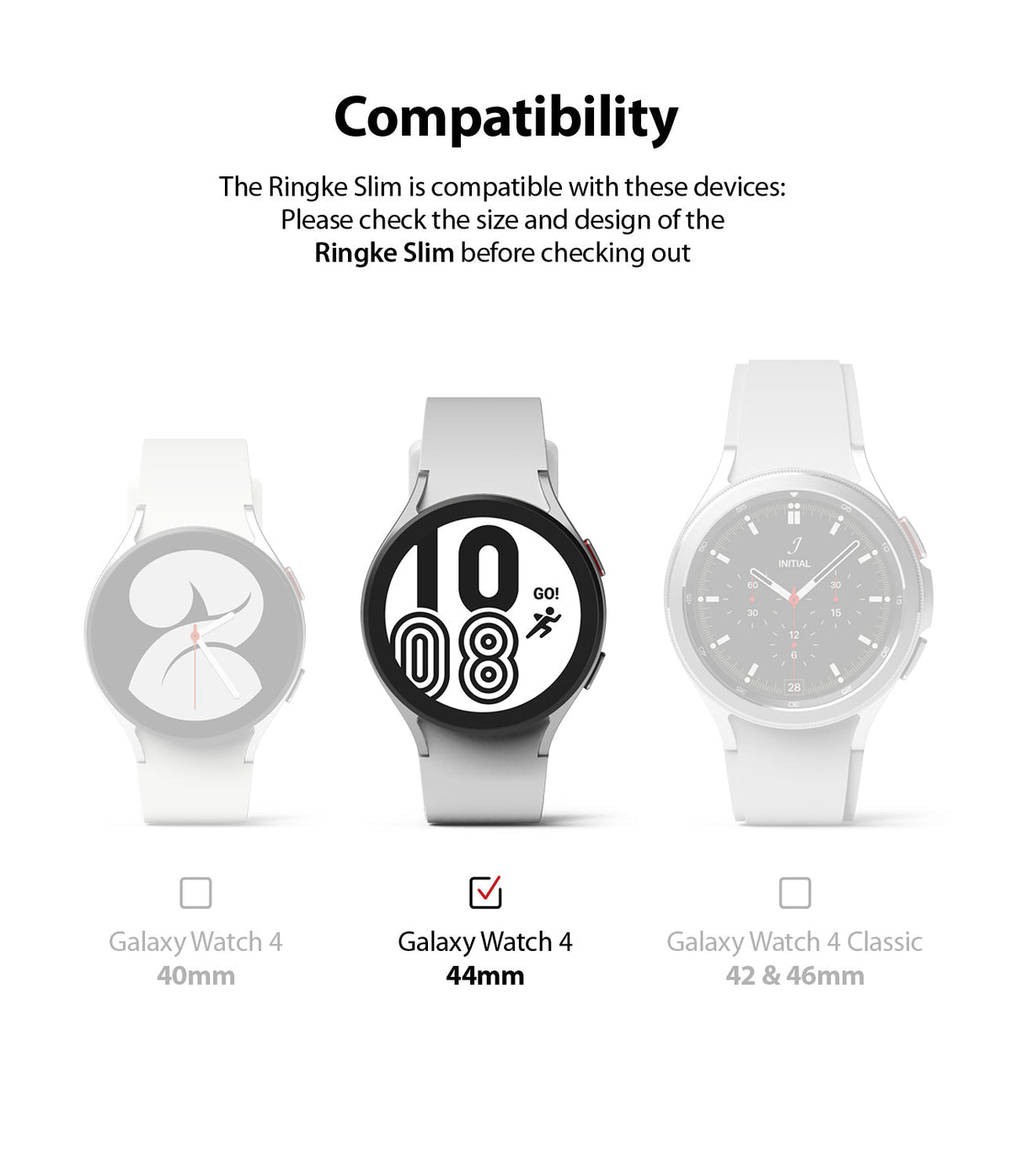 Galaxy Watch 4 (44mm) Case | Slim - Compatibility chart showing the 44mm model highlighted among other watch sizes.