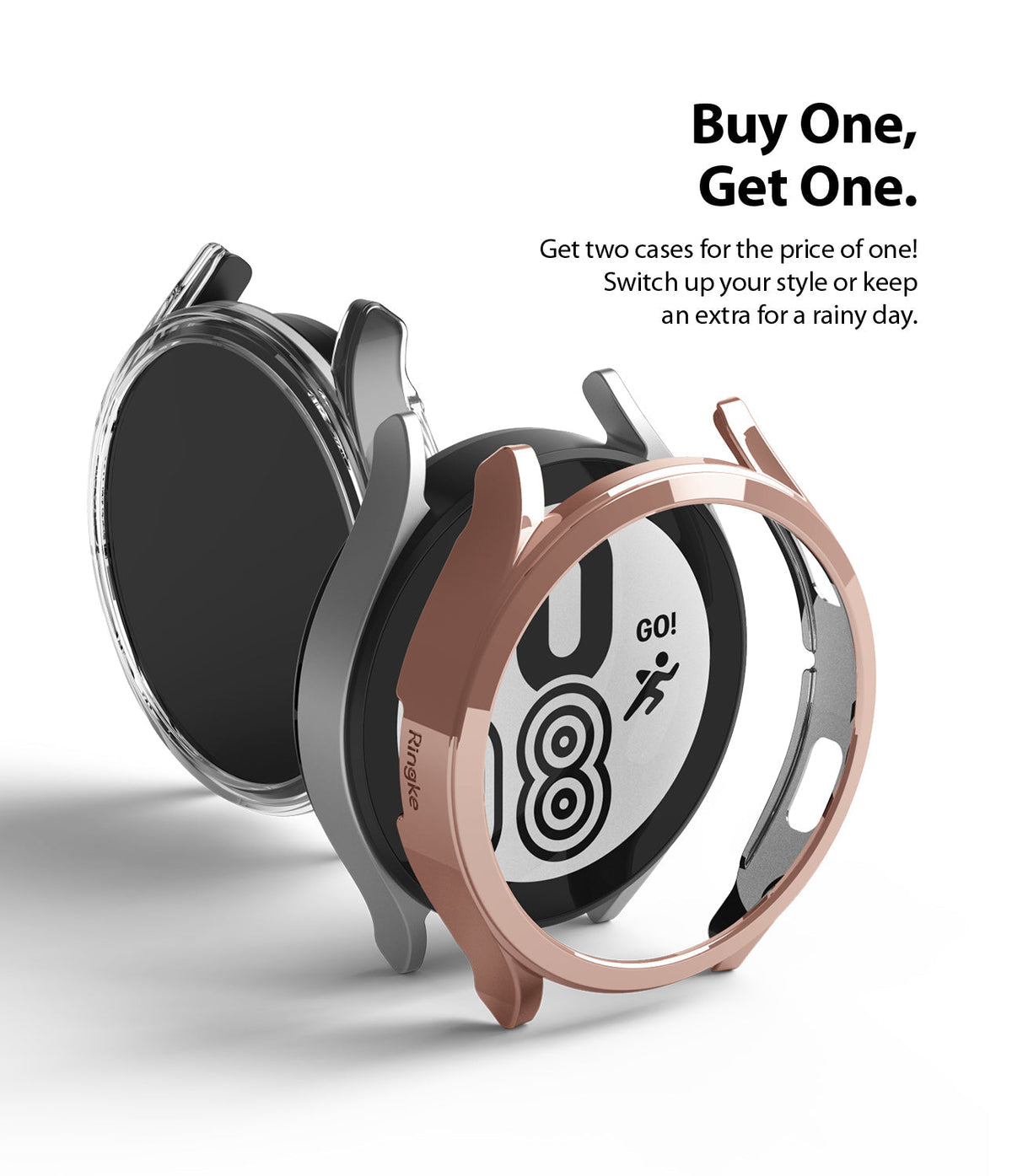 Galaxy Watch 4 (44mm) Case | Slim - Two slim protective watch cases, one clear and one rose gold, floating near a watch.
