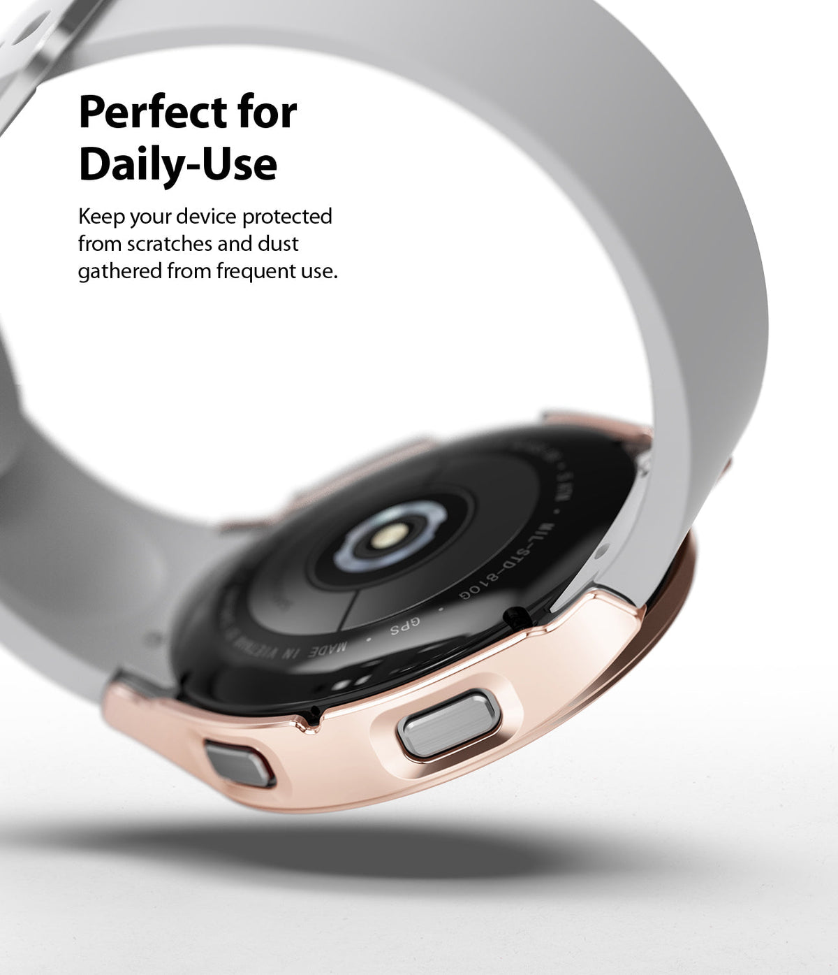 Galaxy Watch 4 (44mm) Case | Slim - Rose gold protective case on a Galaxy Watch 4 with a white band against a white background.