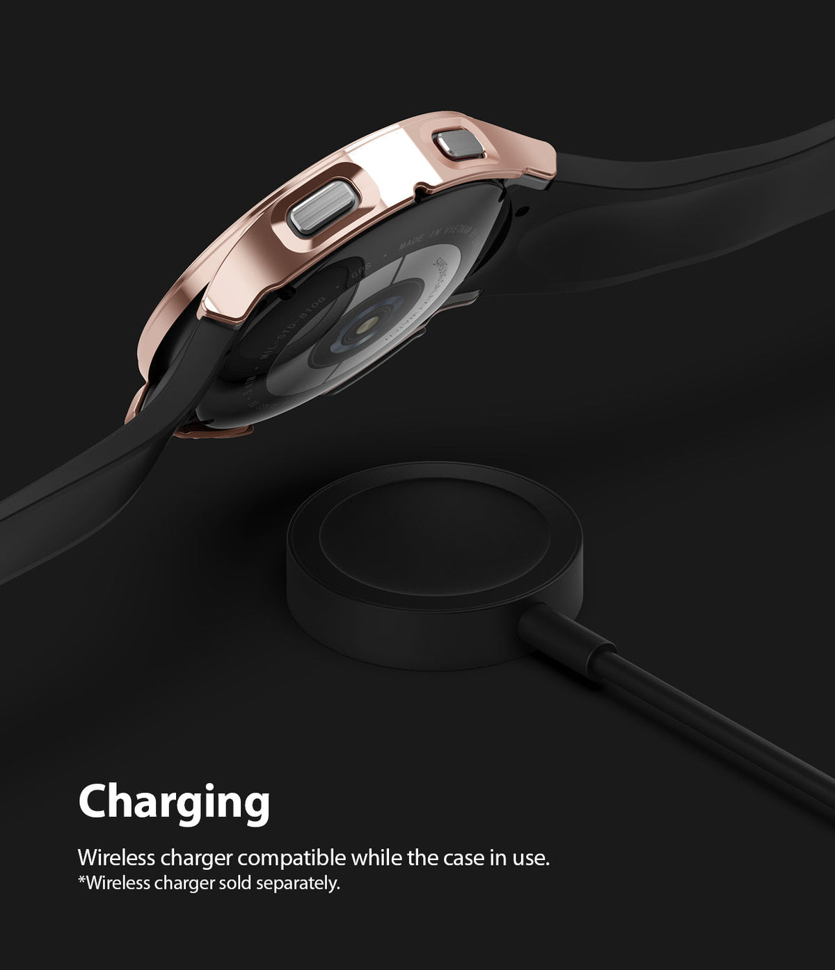 Galaxy Watch 4 (44mm) Case | Slim - Rose gold watch case hovering above a black wireless charging puck.