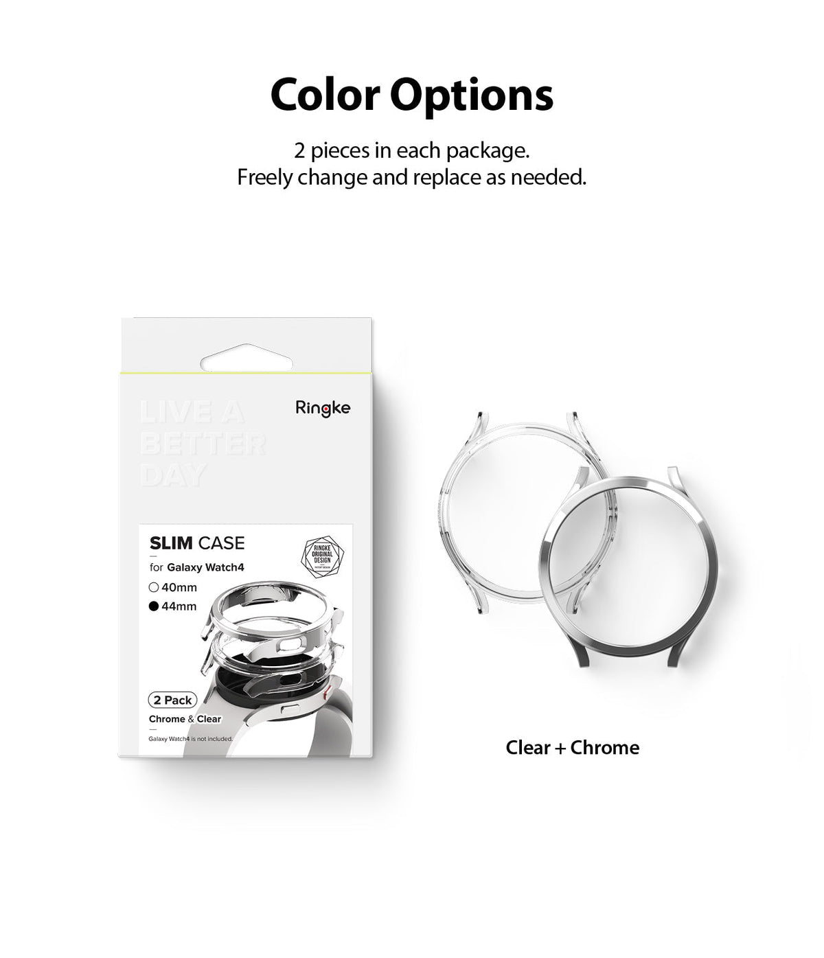 Galaxy Watch 4 (44mm) Case | Slim - Two-pack of clear and chrome slim protective cases for Galaxy Watch 4.