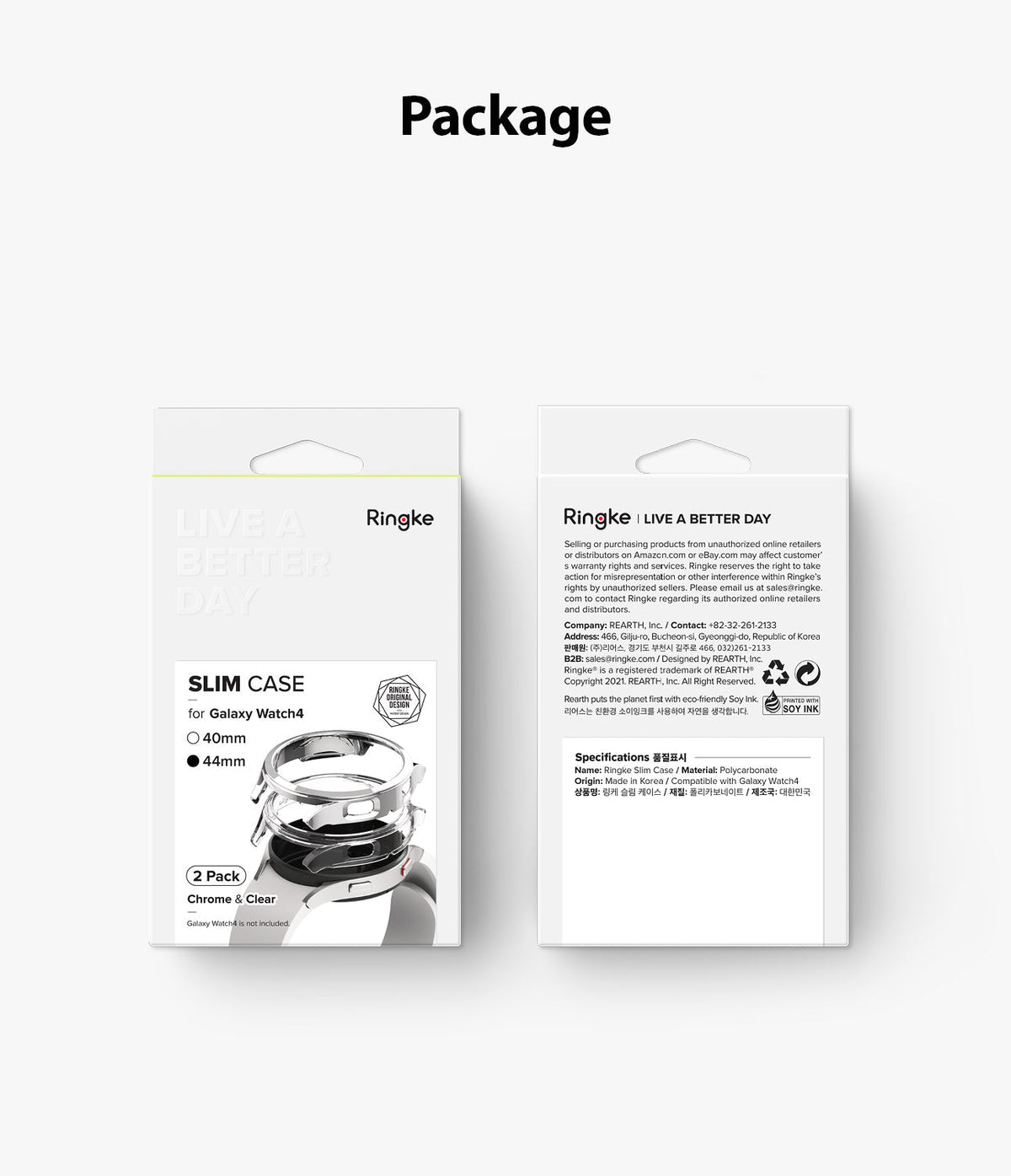 Galaxy Watch 4 (44mm) Case | Slim - Front and back view of Ringke Slim Case retail packaging for Galaxy Watch 4.