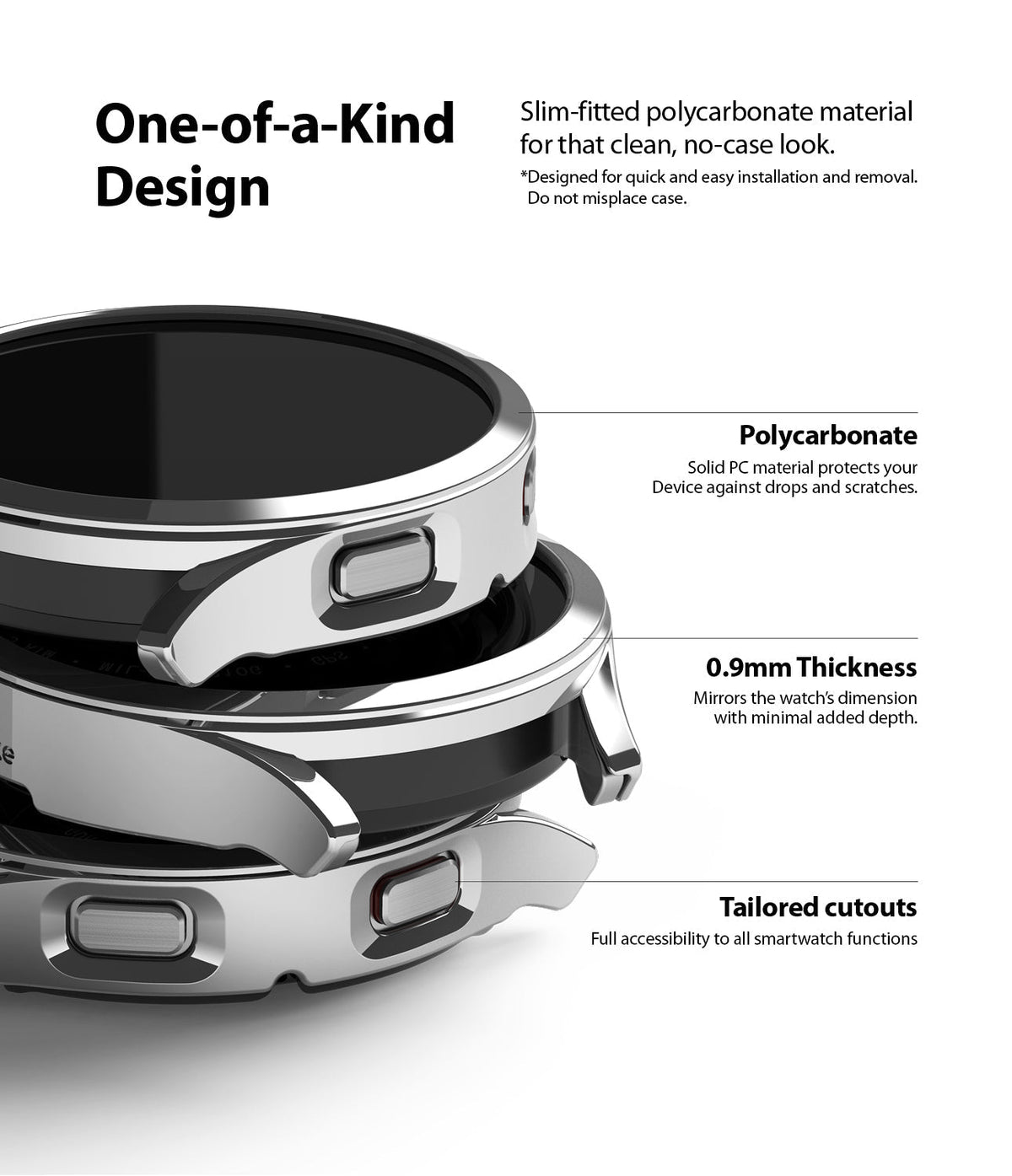Galaxy Watch 4 (44mm) Case | Slim - Close-up of a silver slim-fit watch case highlighting polycarbonate material and cutouts.