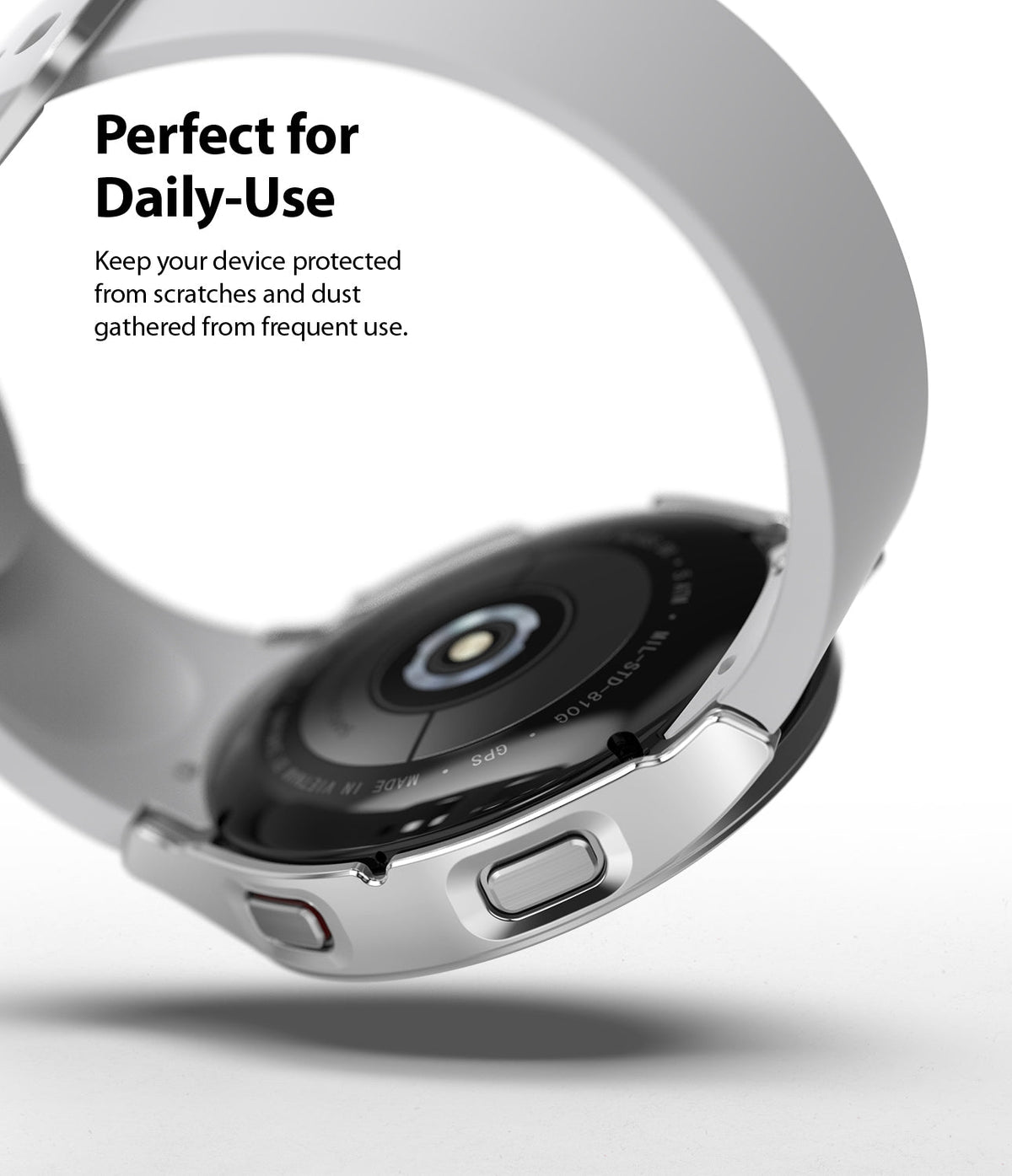 Galaxy Watch 4 (44mm) Case | Slim - Silver protective case on a Galaxy Watch 4, showing the back sensor and side buttons.