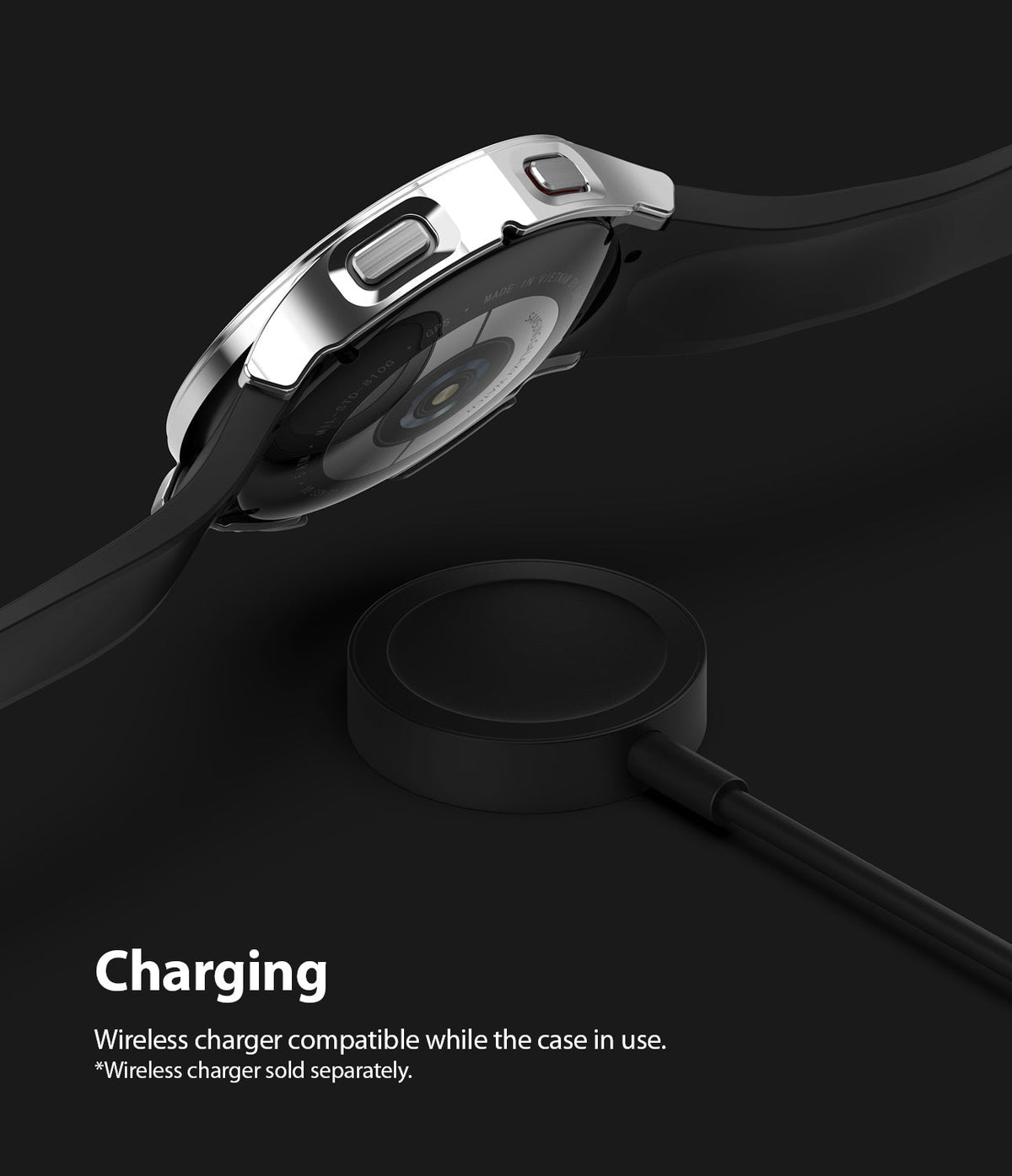Galaxy Watch 4 (44mm) Case | Slim - A Galaxy Watch 4 with a slim protective case hovering above a wireless charging puck.