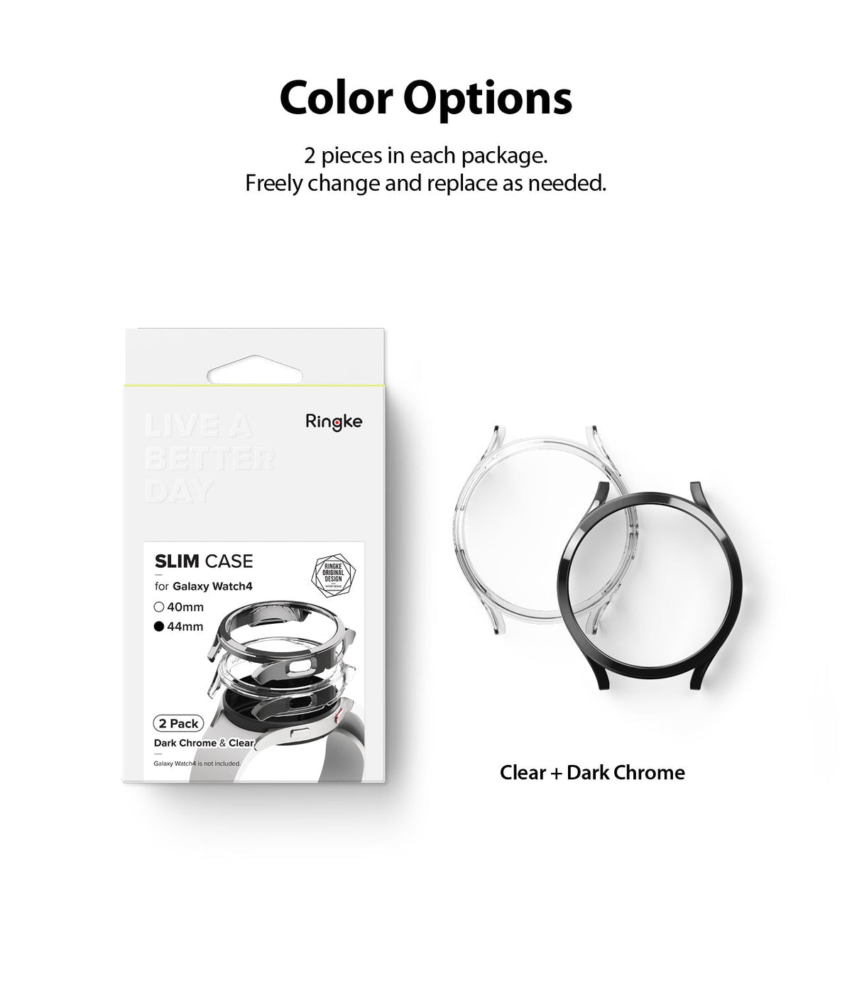 Galaxy Watch 4 (44mm) Case | Slim - Two-pack of clear and dark chrome slim protective cases for Galaxy Watch 4.