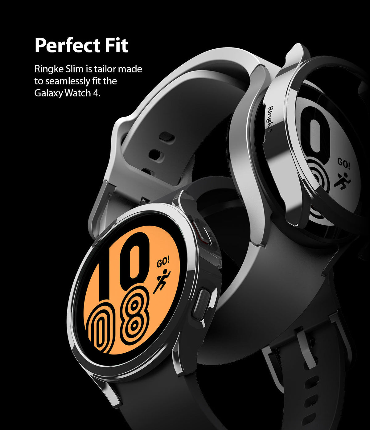 Galaxy Watch 4 (44mm) Case | Slim - Two Galaxy Watch 4 units with metallic slim cases against a black background.